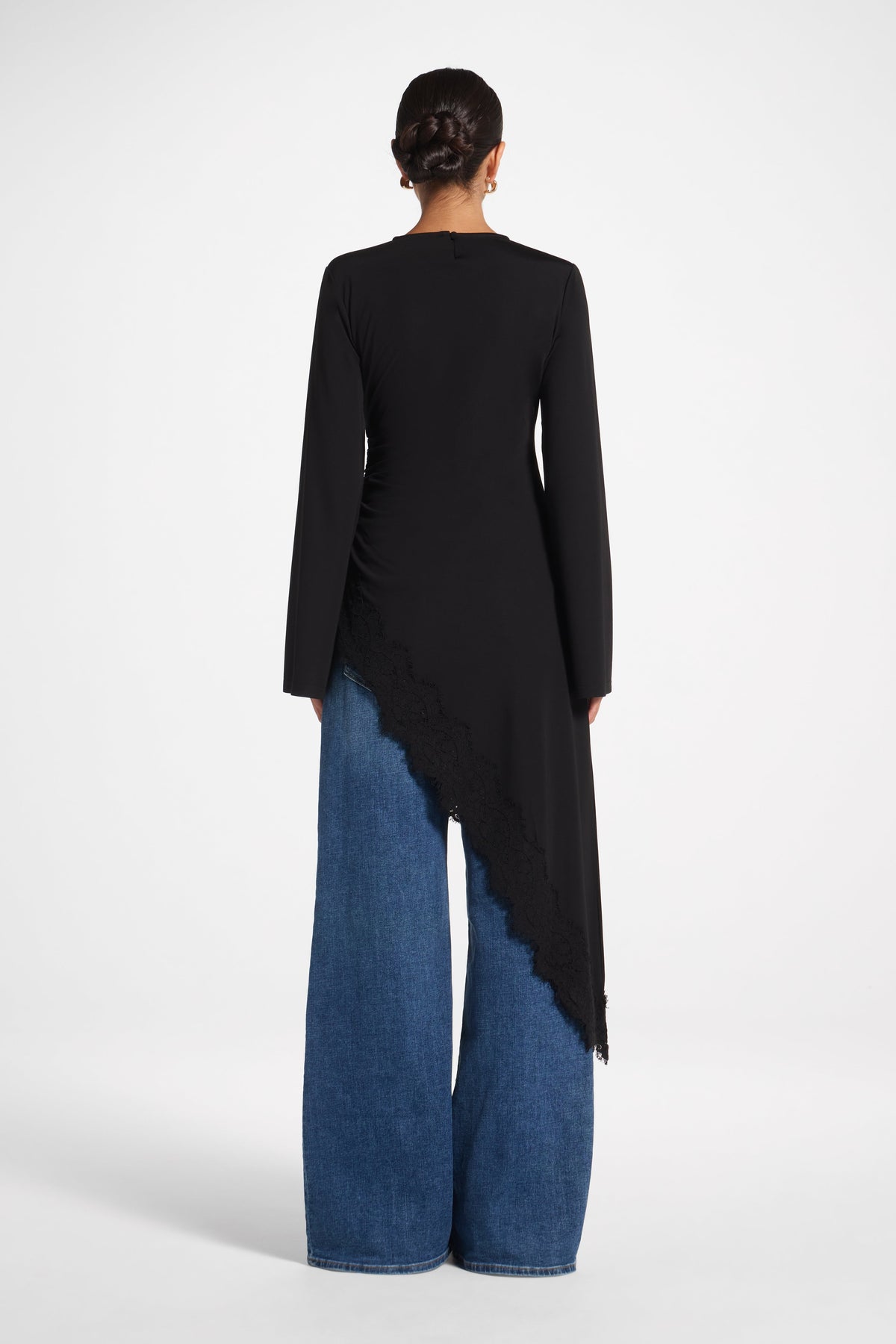 Lace Detail Midi Tunic Top - Black Top Veiled 
