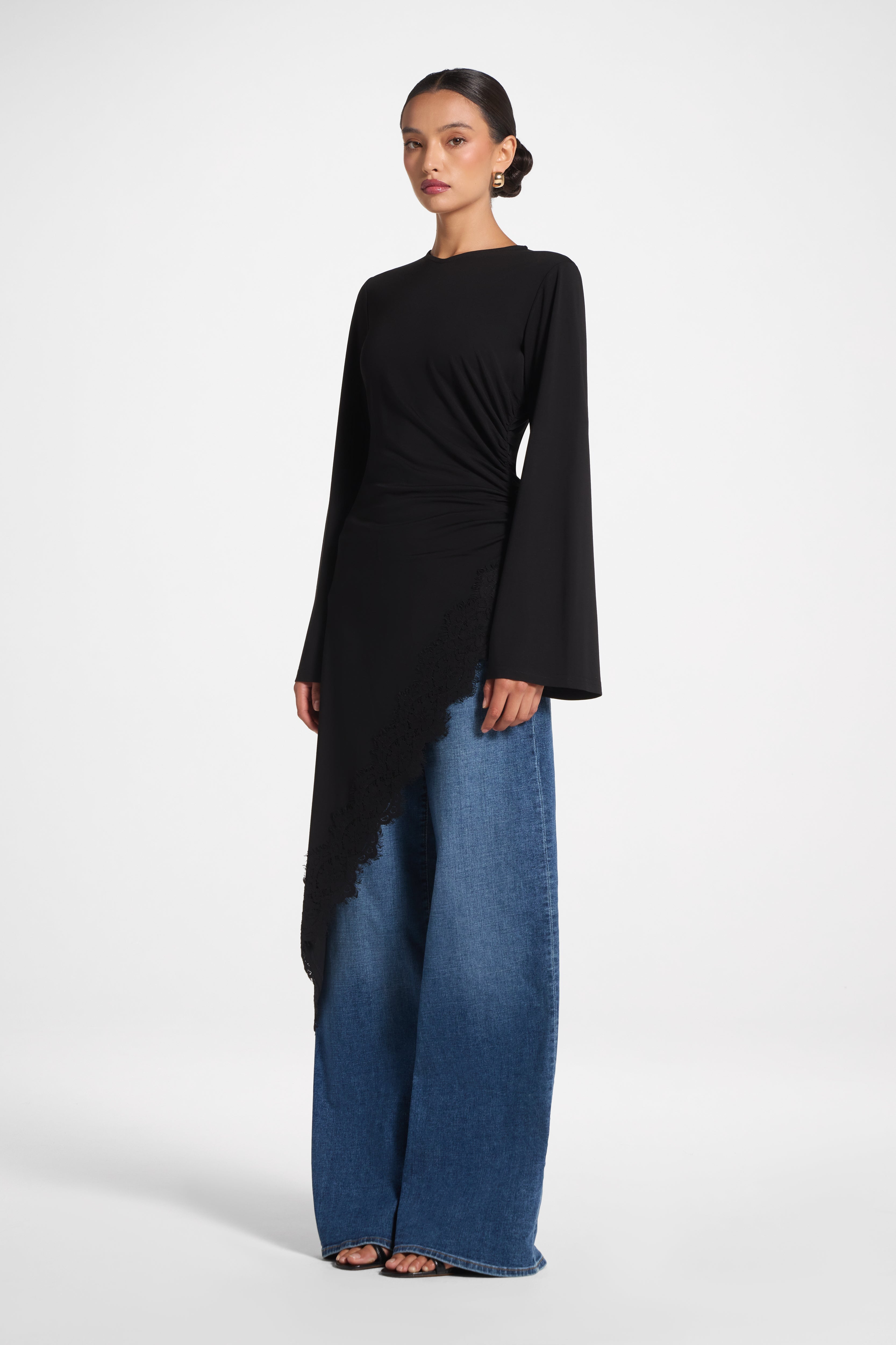 Lace Detail Midi Tunic Top - Black Top Veiled 