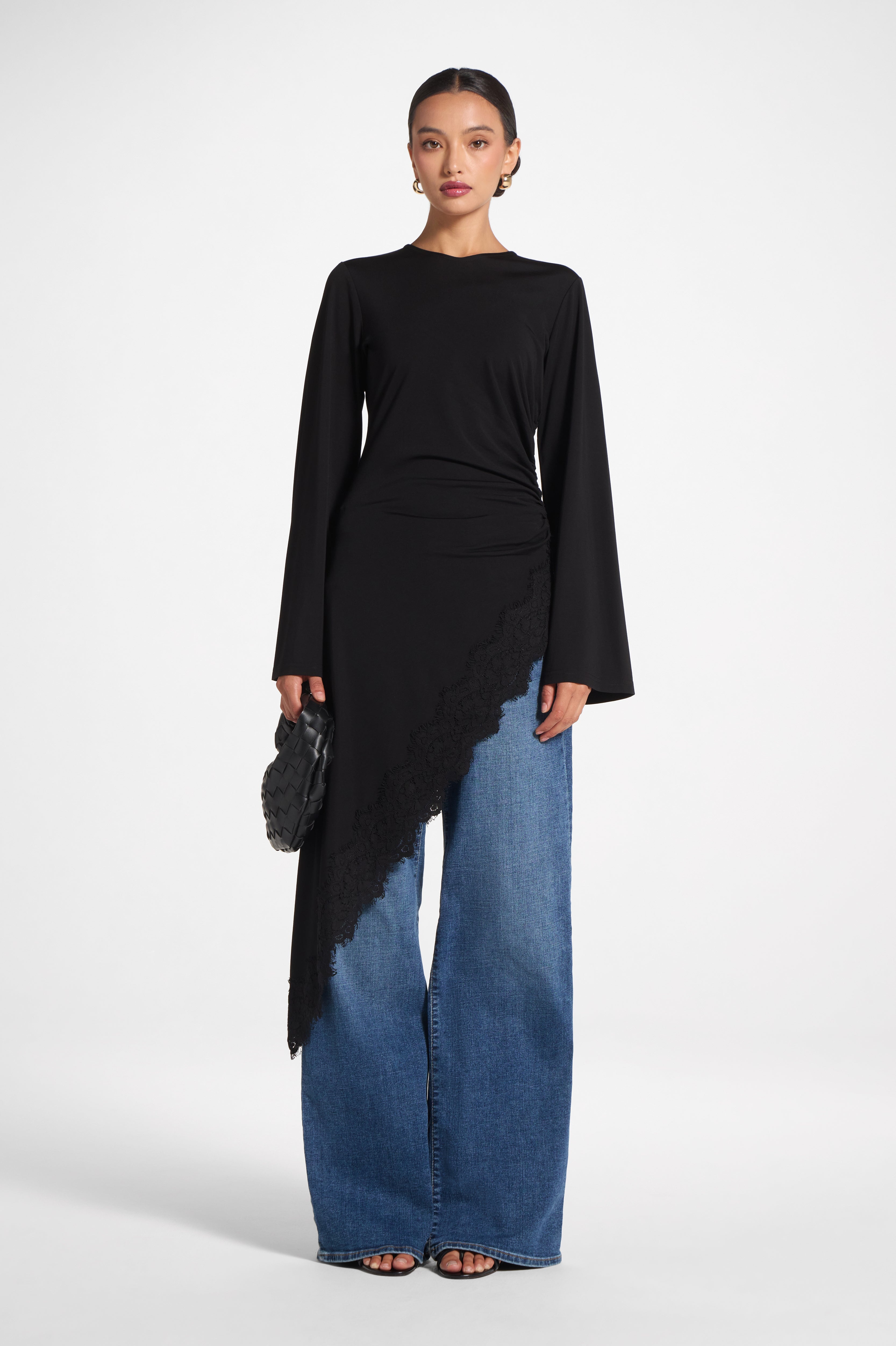Lace Detail Midi Tunic Top - Black Top Veiled 