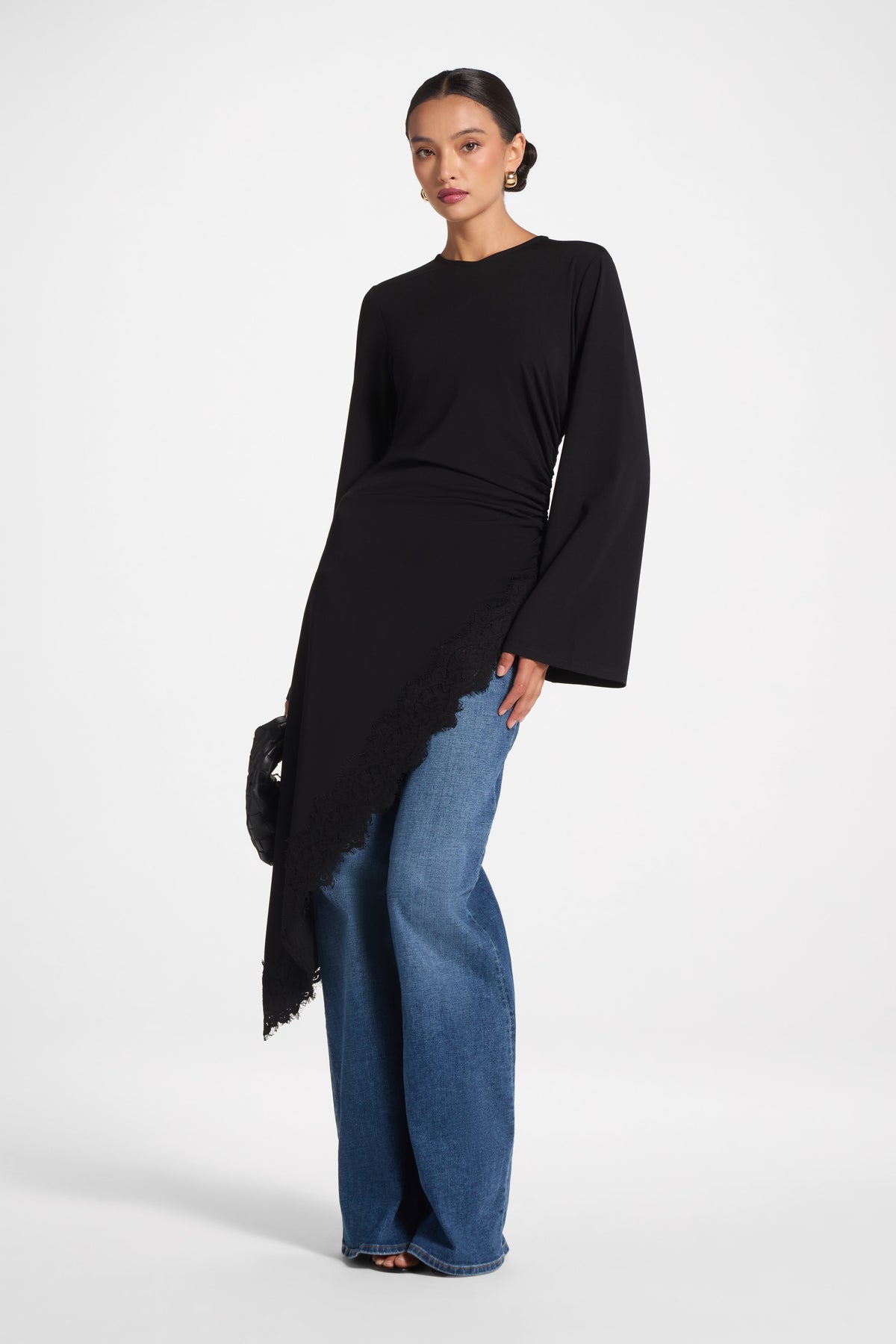 Lace Detail Midi Tunic Top - Black Top Veiled 