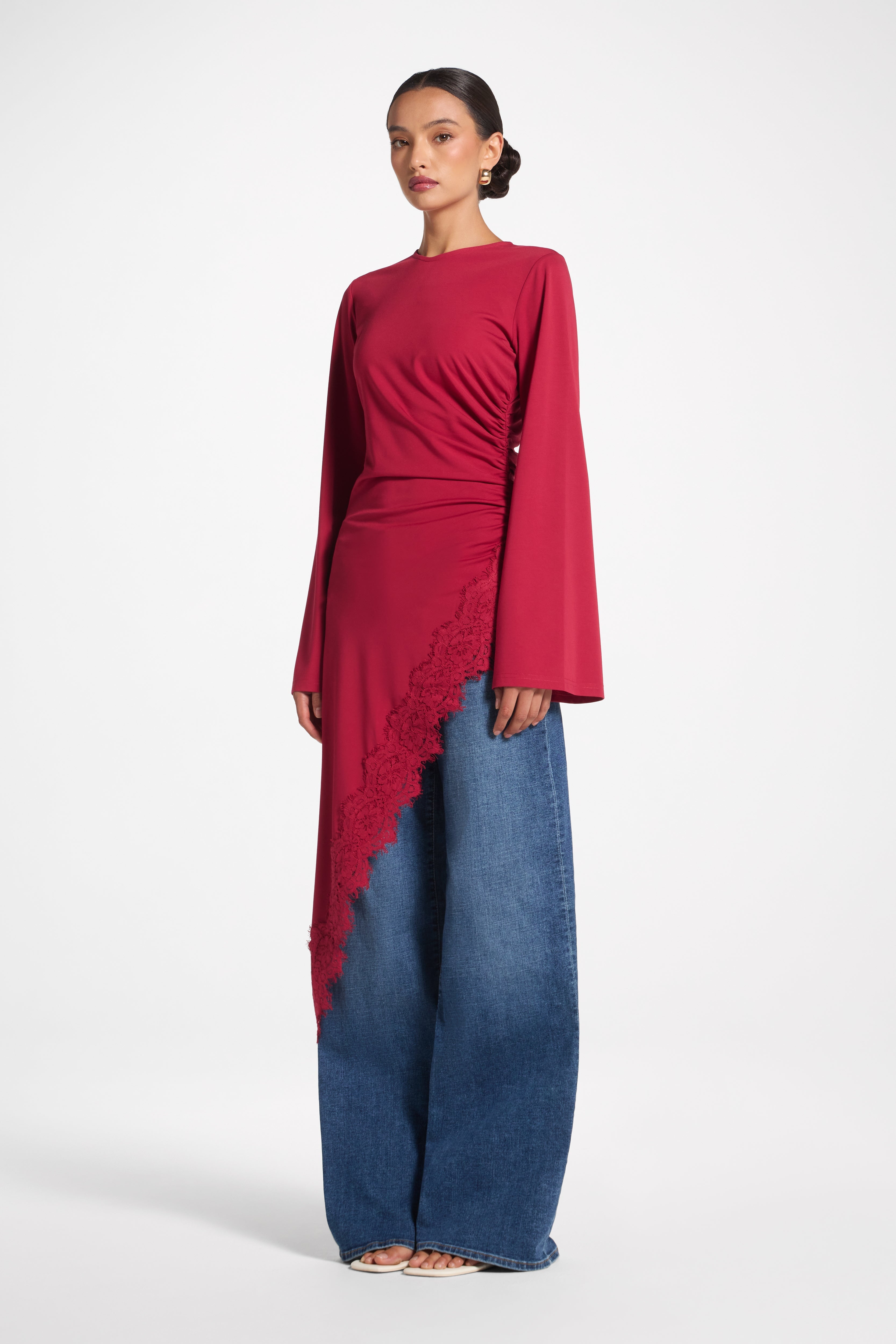 Lace Detail Midi Tunic Top - Dark Cherry Top Veiled 