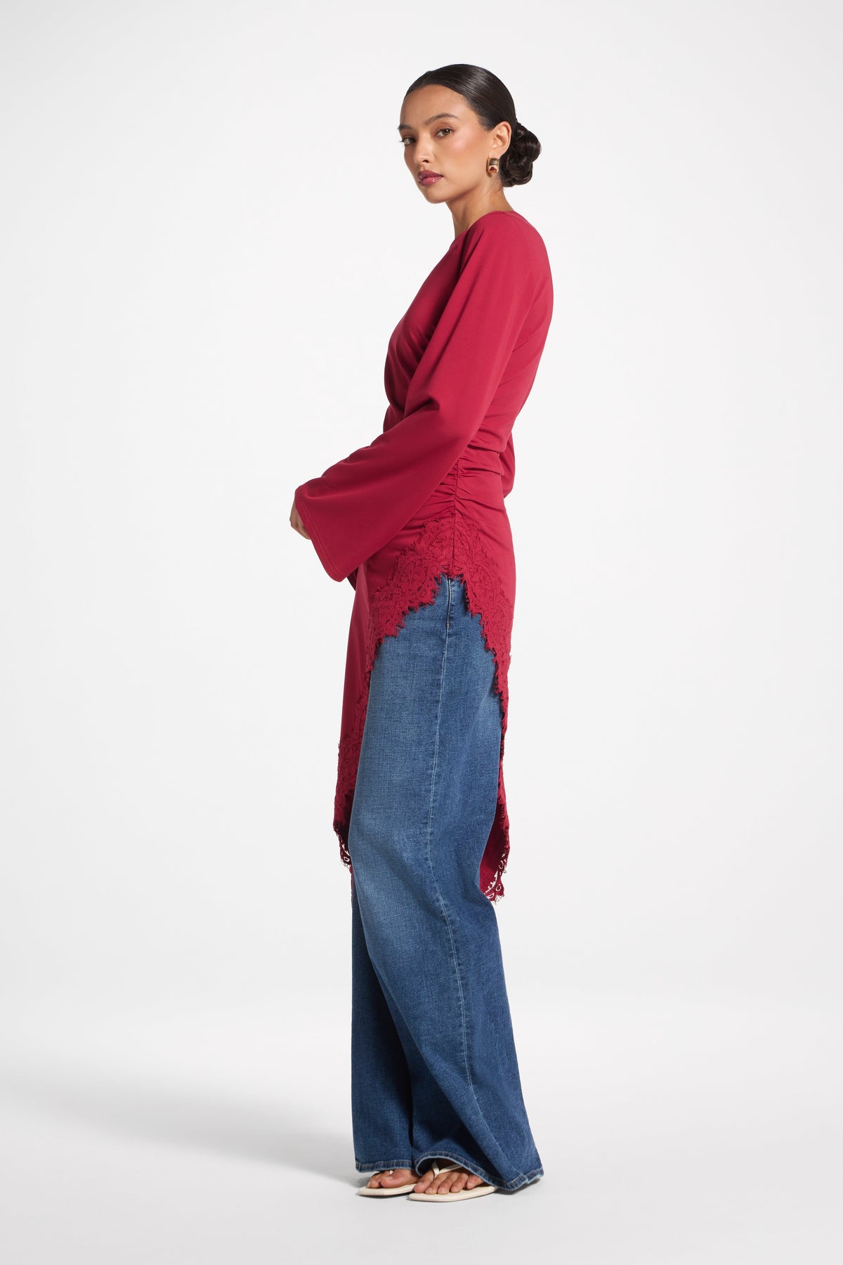 Lace Detail Midi Tunic Top - Dark Cherry Top Veiled 