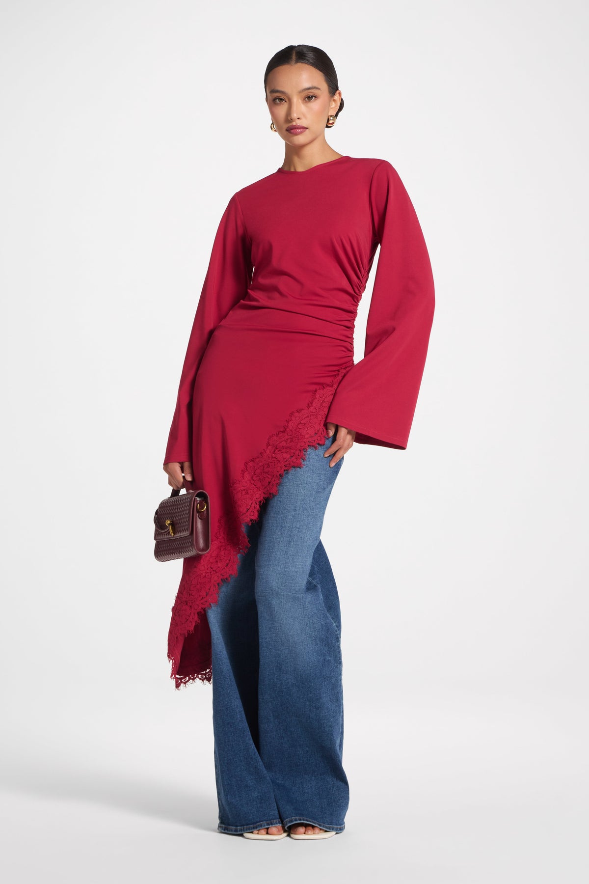 Lace Detail Midi Tunic Top - Dark Cherry Top Veiled 