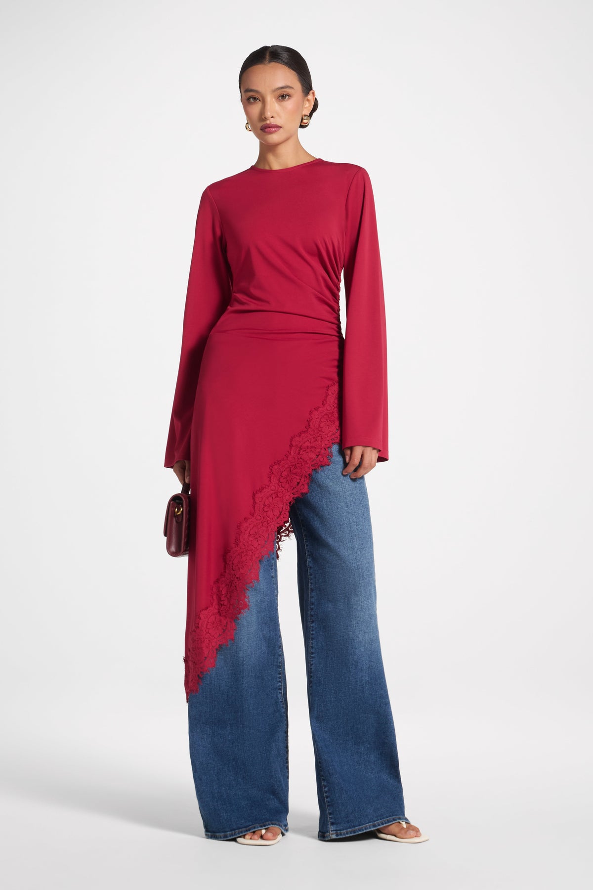 Lace Detail Midi Tunic Top - Dark Cherry Top Veiled 