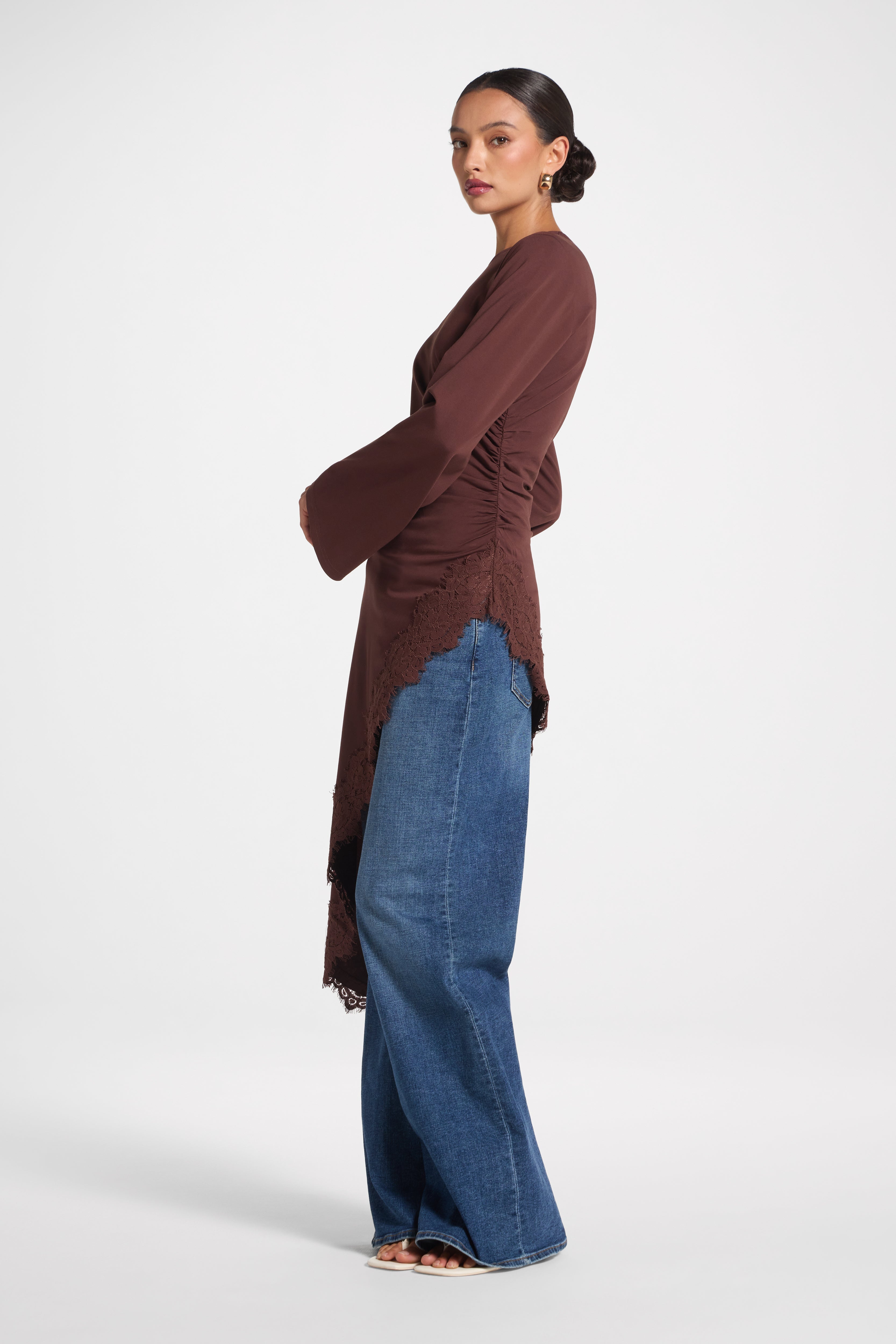 Lace Detail Midi Tunic Top - Espresso Top Veiled 
