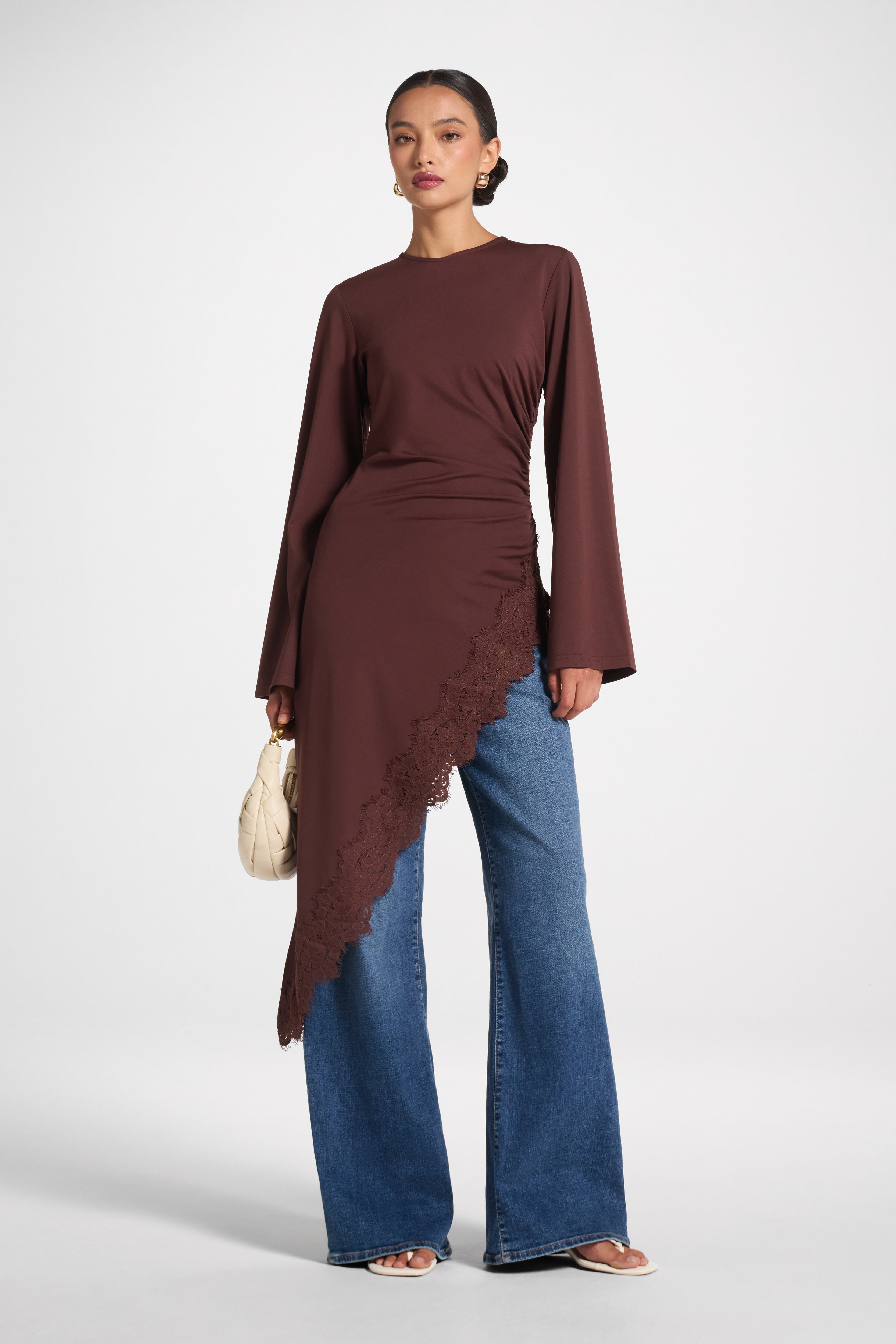 Lace Detail Midi Tunic Top - Espresso Top Veiled 