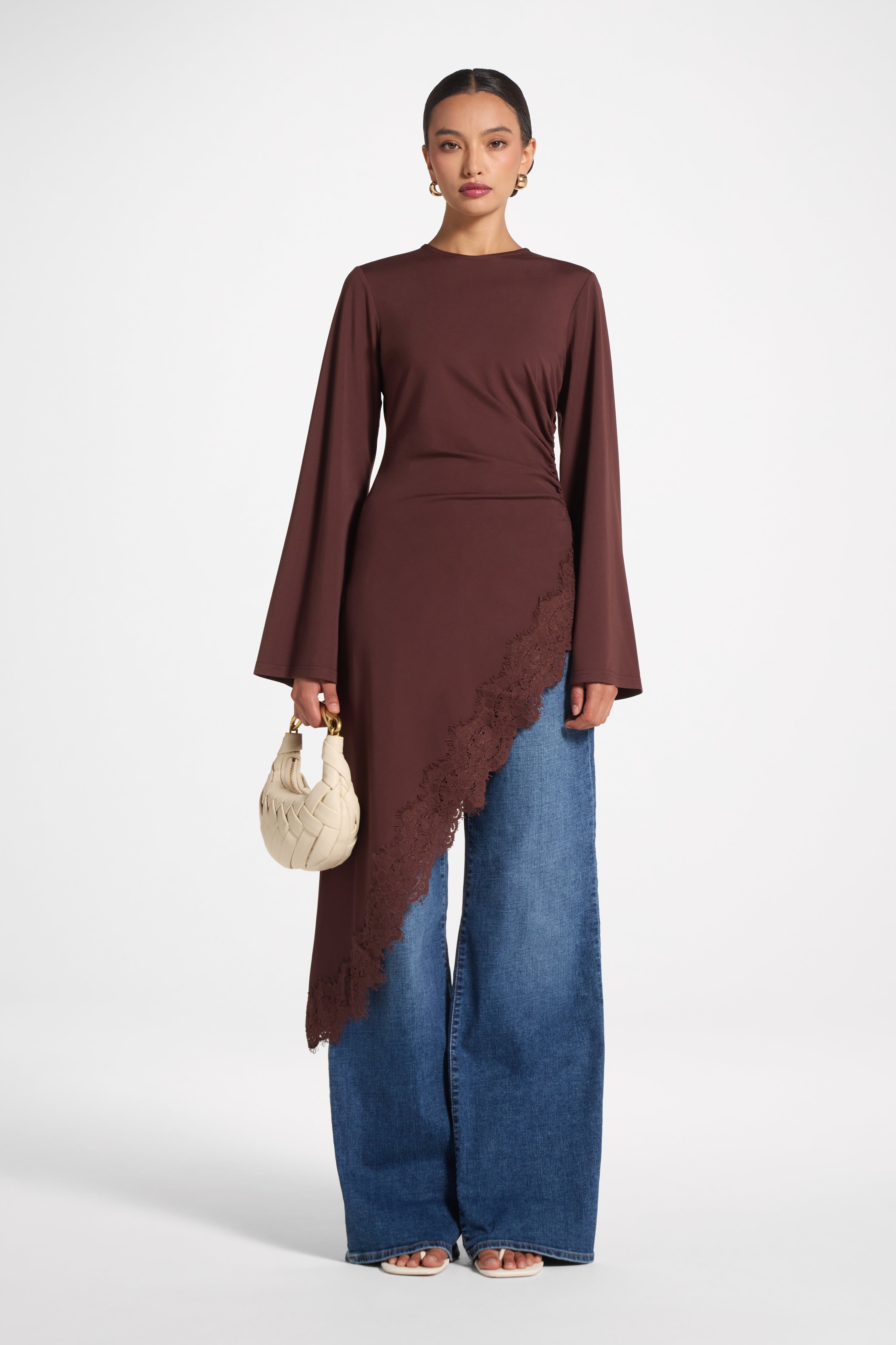 Lace Detail Midi Tunic Top - Espresso Top Veiled 