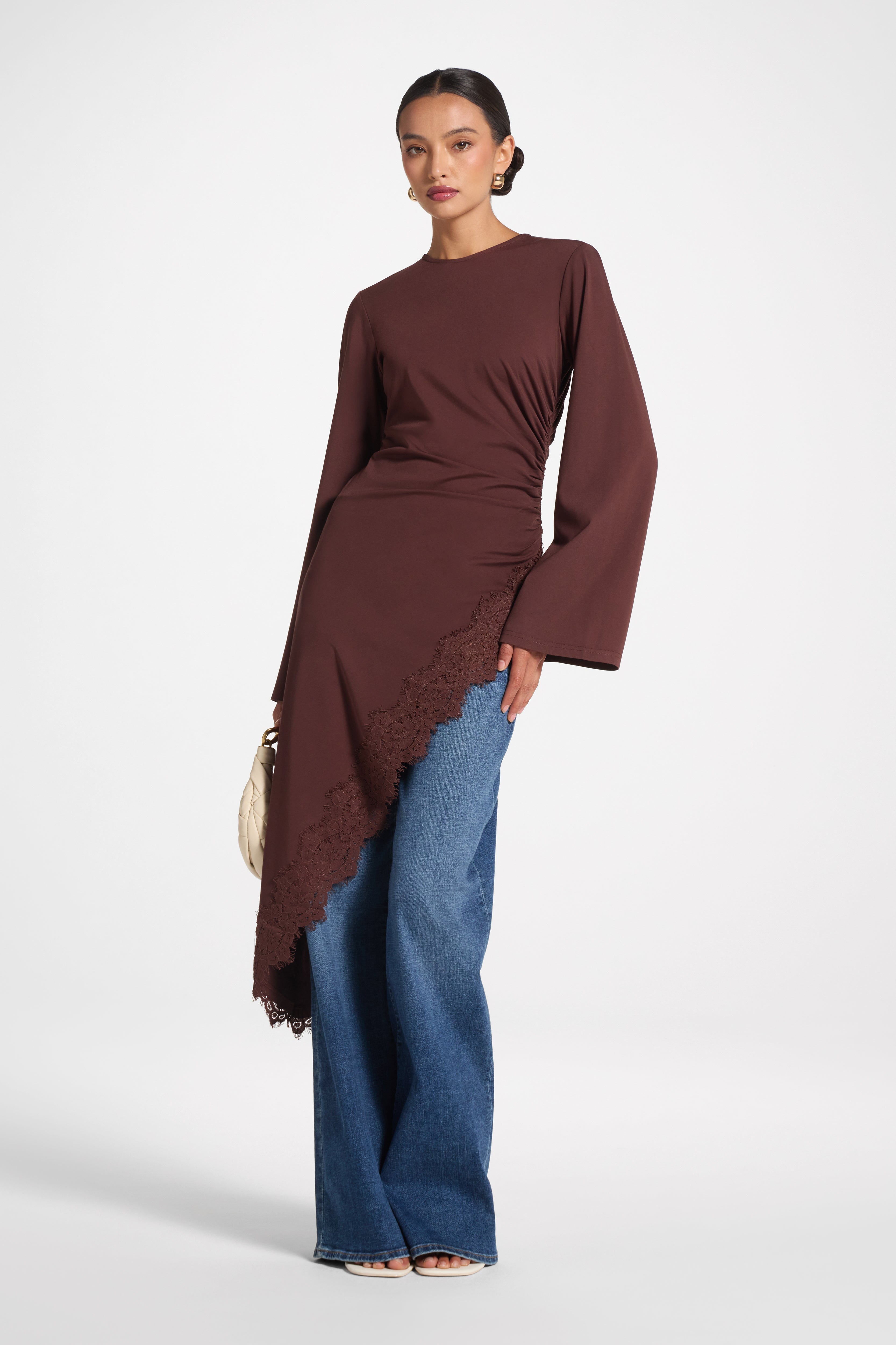 Lace Detail Midi Tunic Top - Espresso Top Veiled 