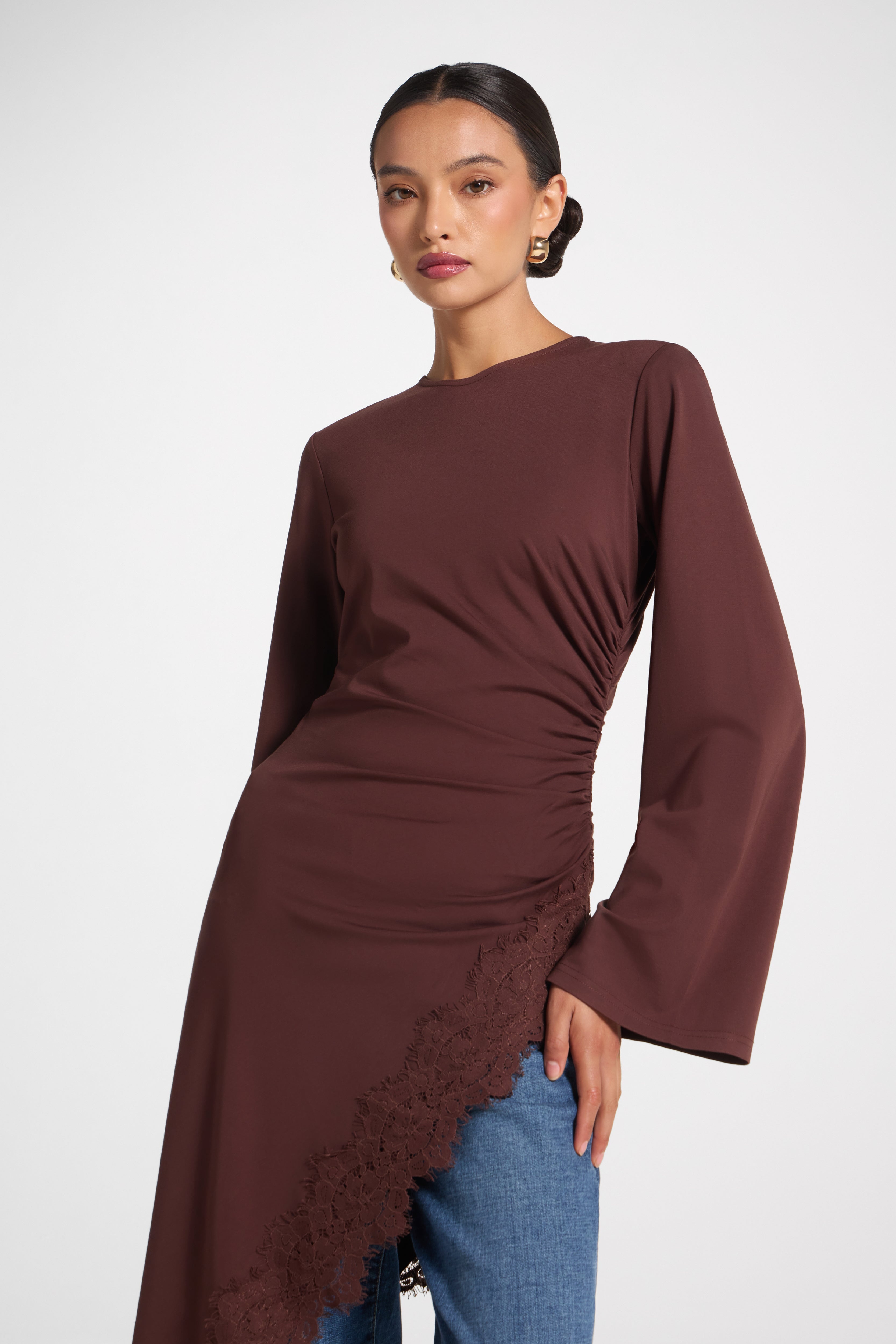 Lace Detail Midi Tunic Top - Espresso Top Veiled 