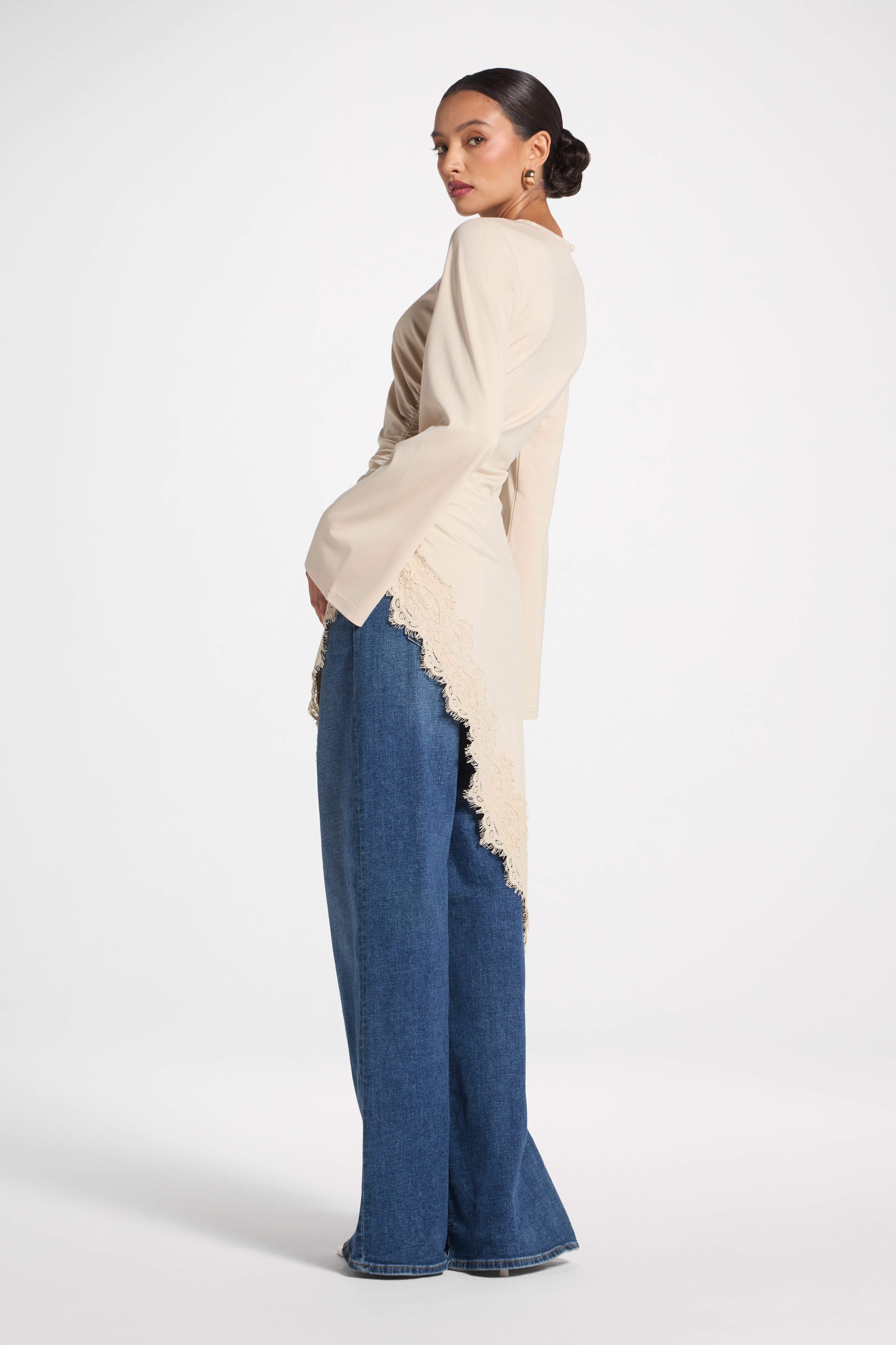 Lace Detail Midi Tunic Top - Stone Top Veiled 