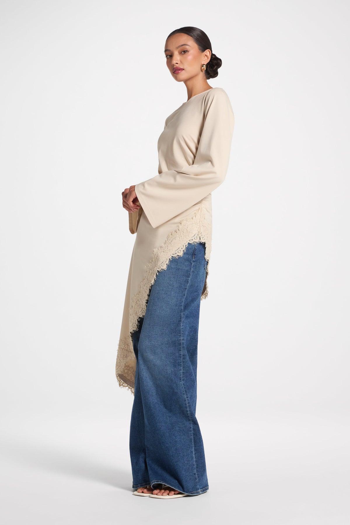 Lace Detail Midi Tunic Top - Stone Top Veiled 