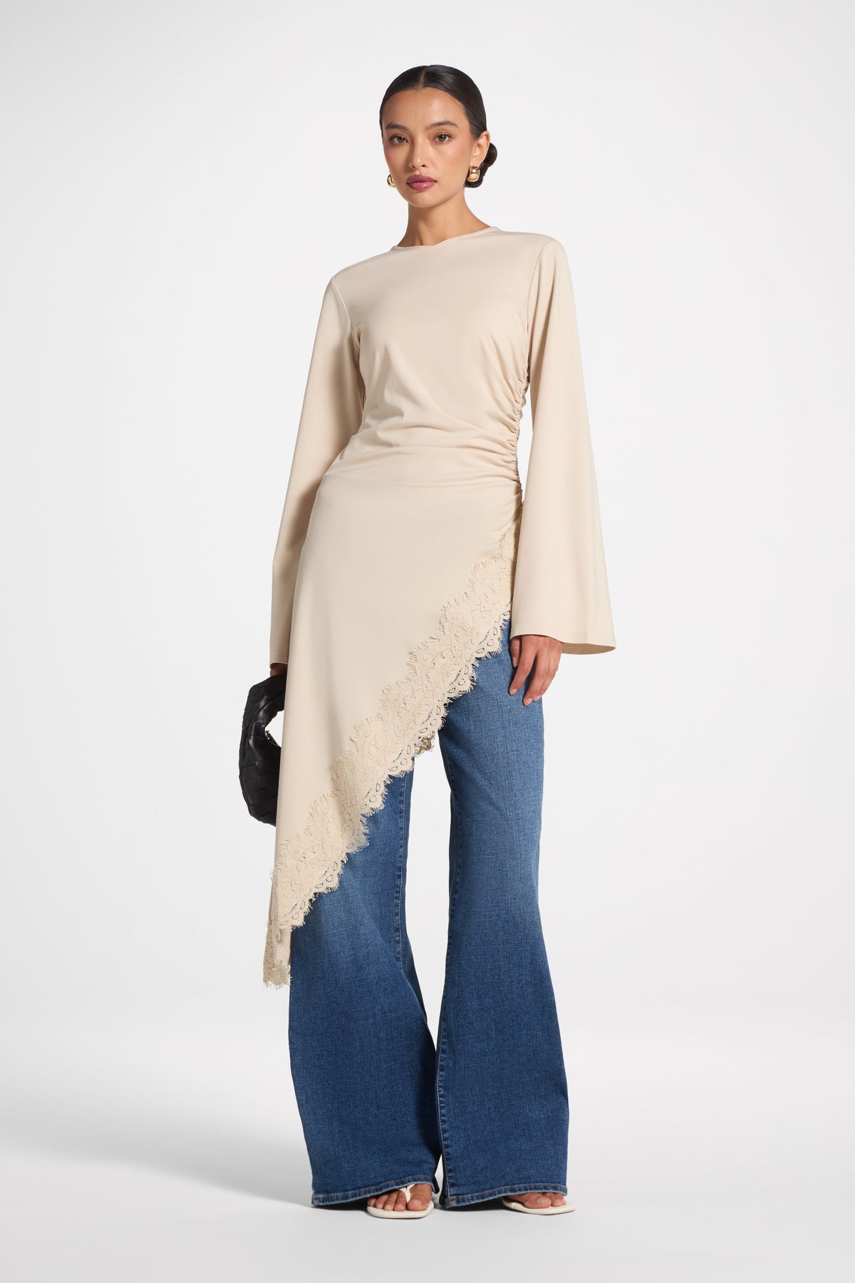 Lace Detail Midi Tunic Top - Stone Top Veiled 