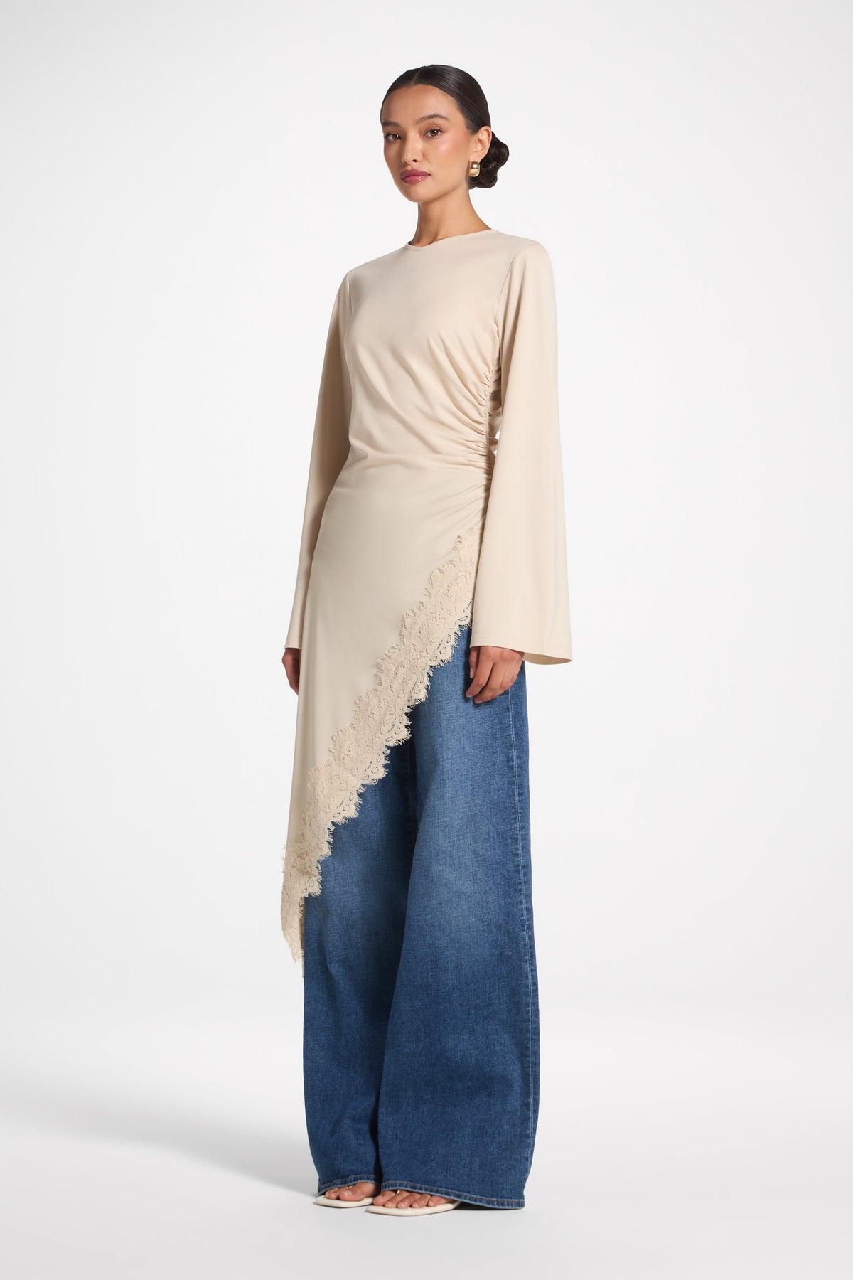 Lace Detail Midi Tunic Top - Stone Top Veiled 
