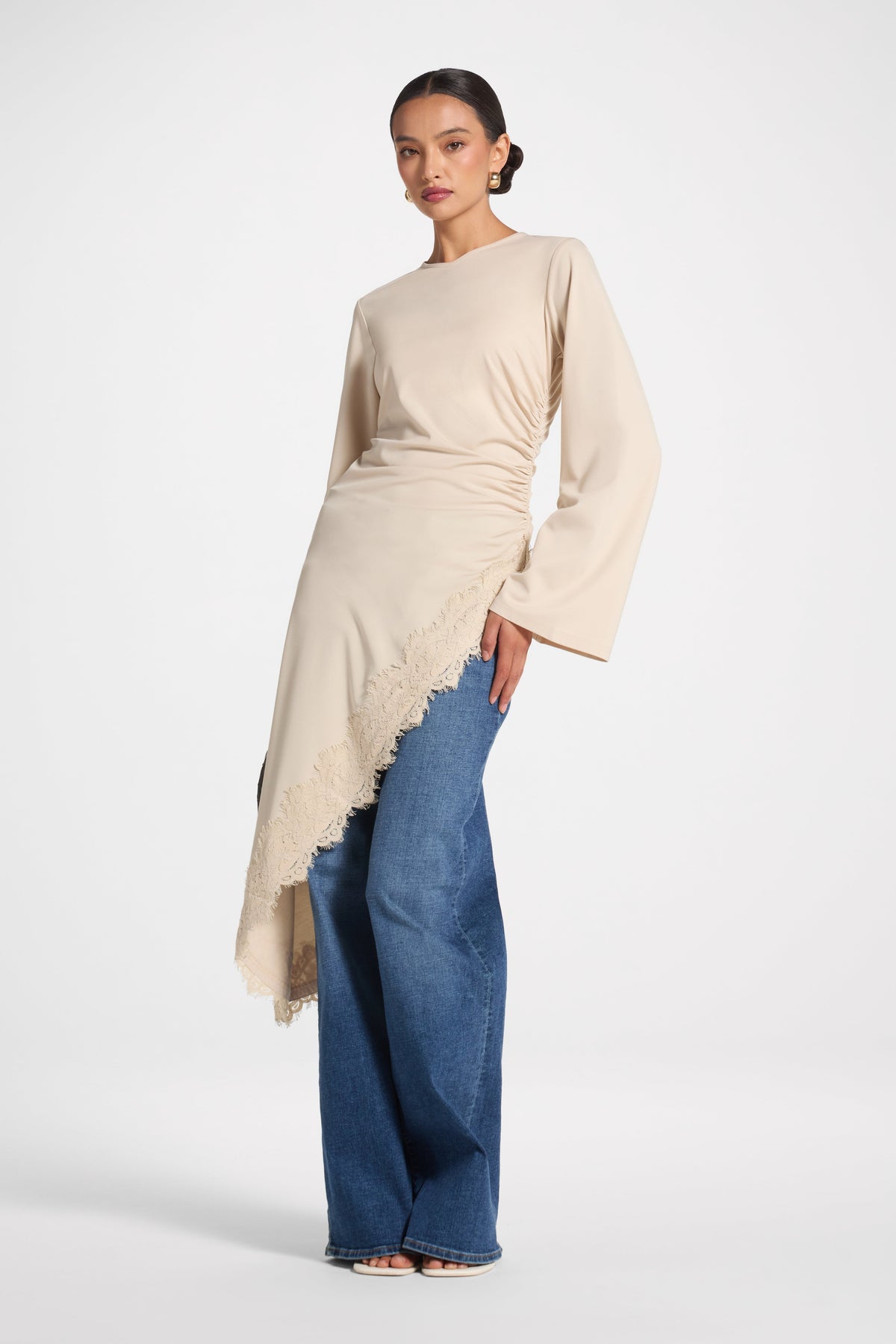 Lace Detail Midi Tunic Top - Stone Top Veiled 