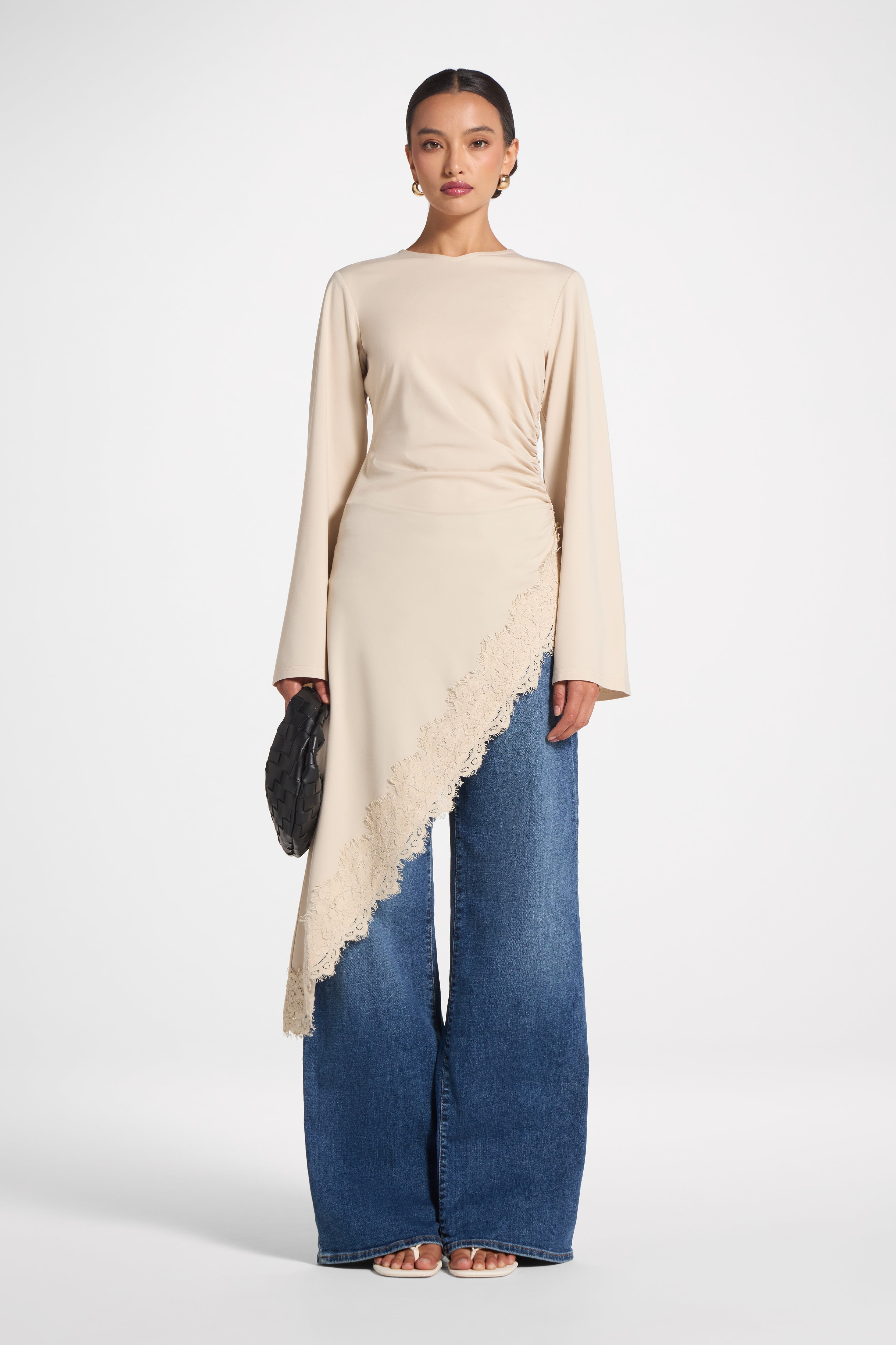Lace Detail Midi Tunic Top - Stone Top Veiled 