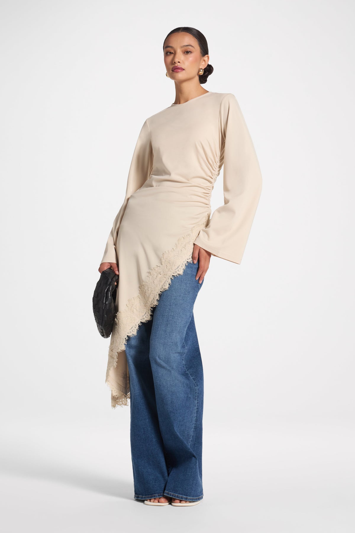 Lace Detail Midi Tunic Top - Stone Top Veiled 