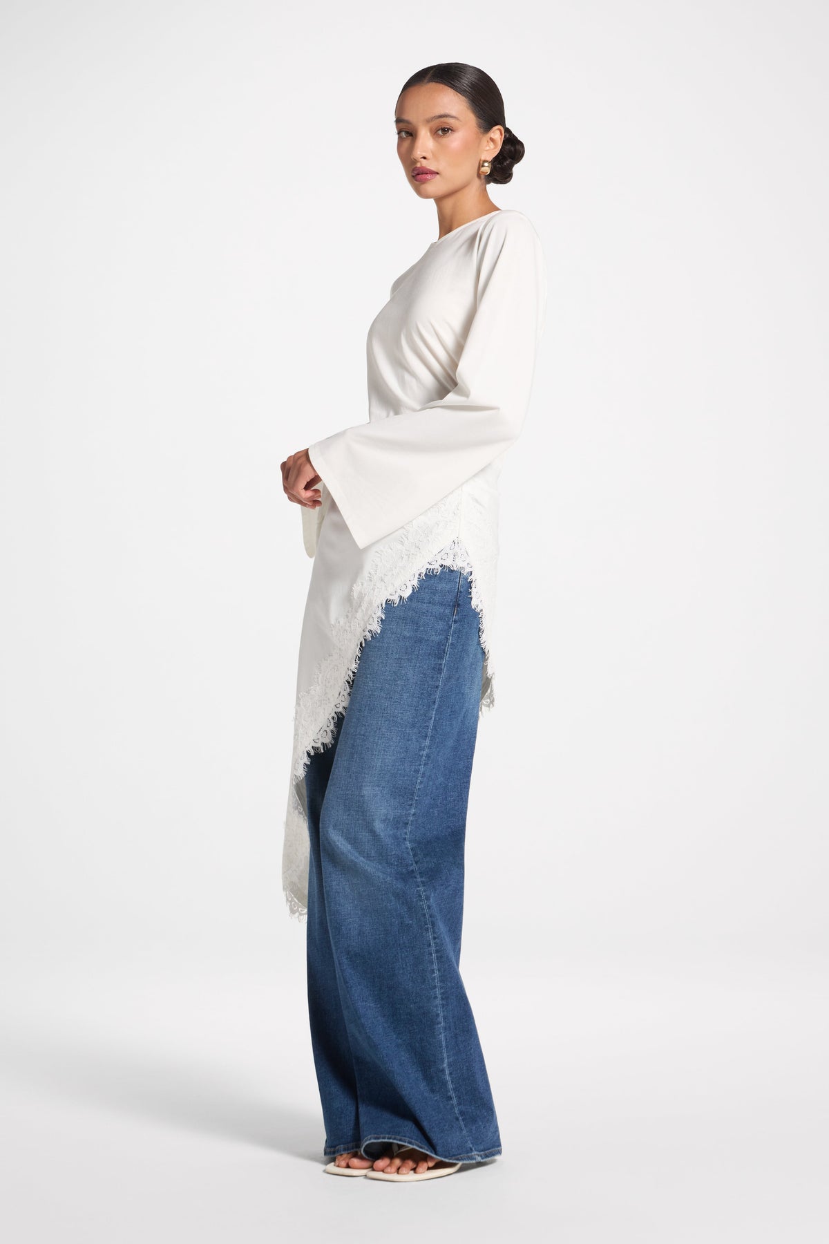 Lace Detail Midi Tunic Top - White Top Veiled 
