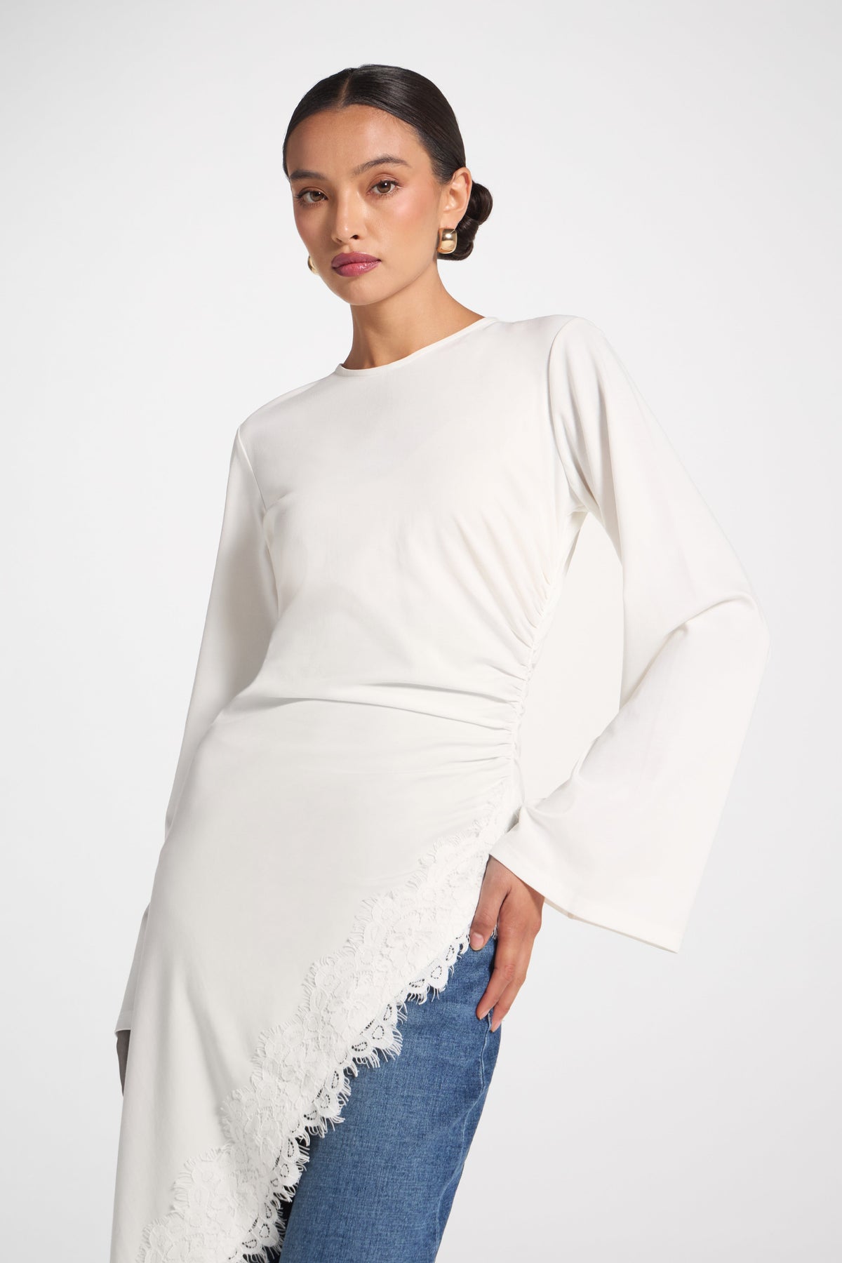 Lace Detail Midi Tunic Top - White Top Veiled 