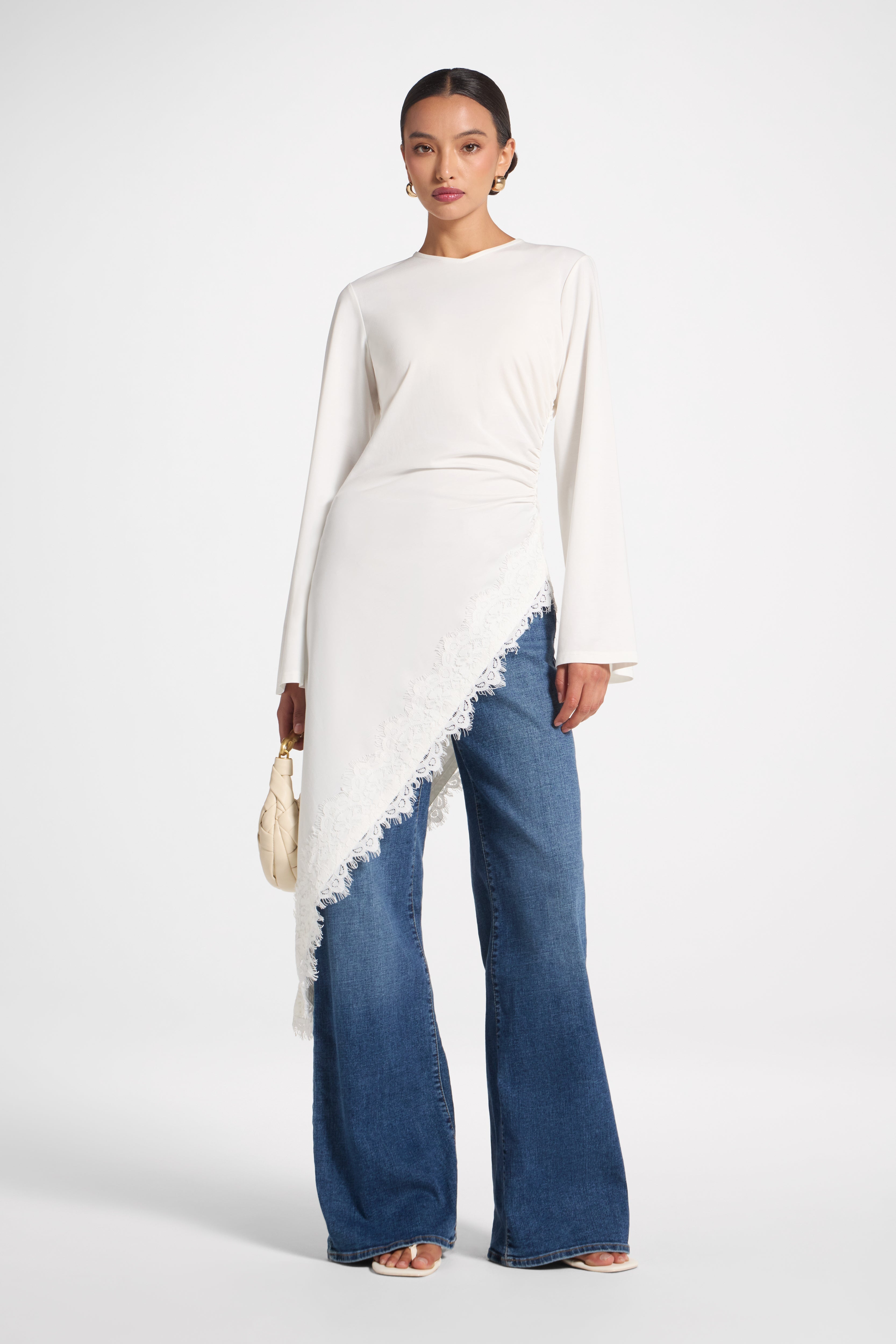 Lace Detail Midi Tunic Top - White Top Veiled 