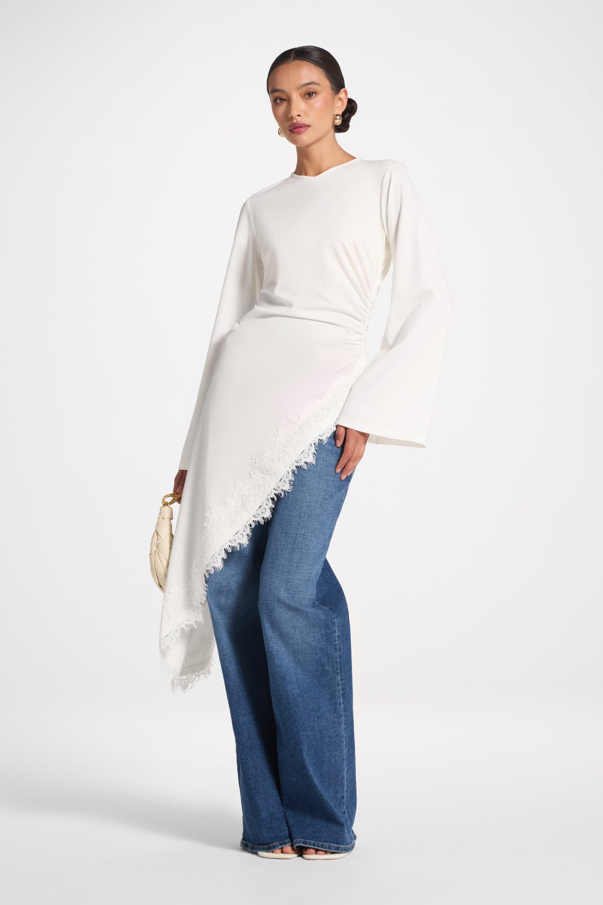 Lace Detail Midi Tunic Top - White Top Veiled 