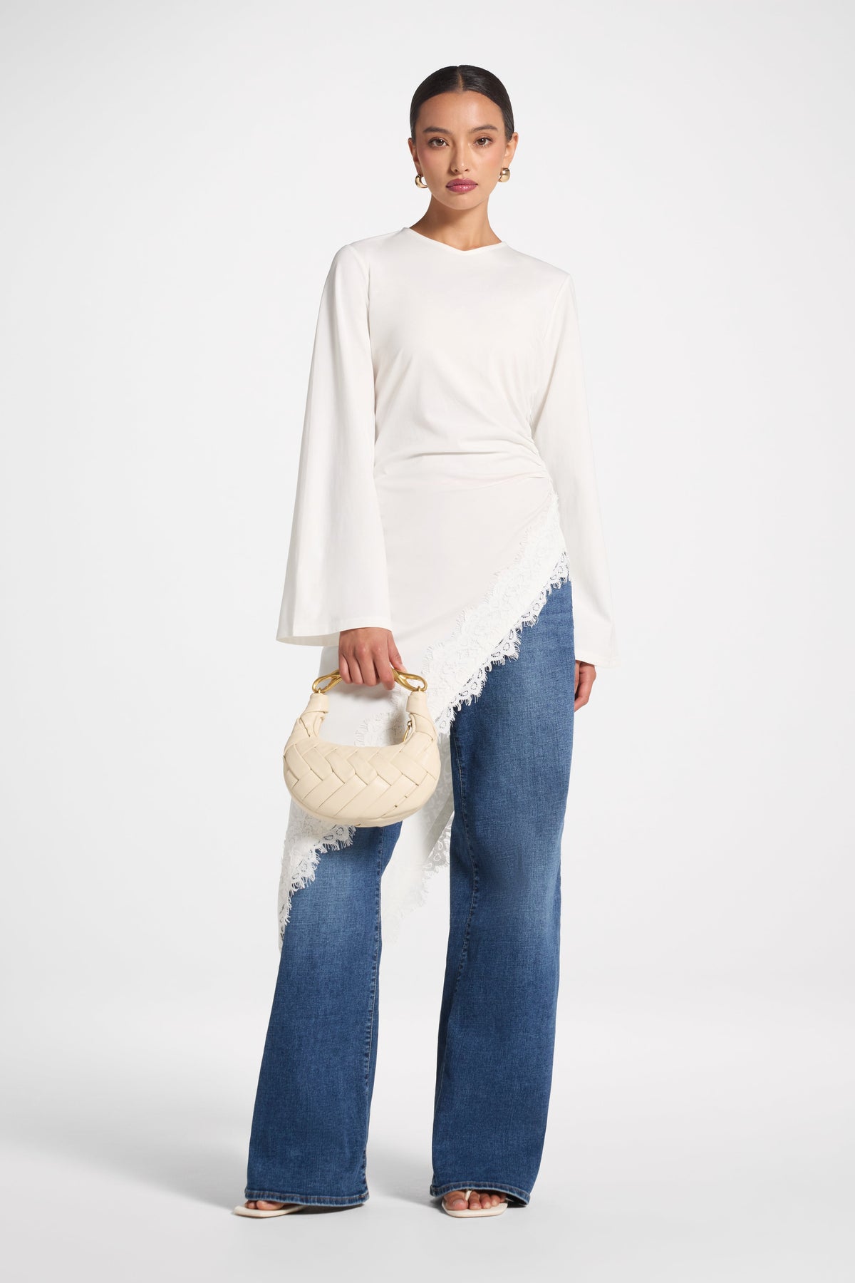 Lace Detail Midi Tunic Top - White Top Veiled 