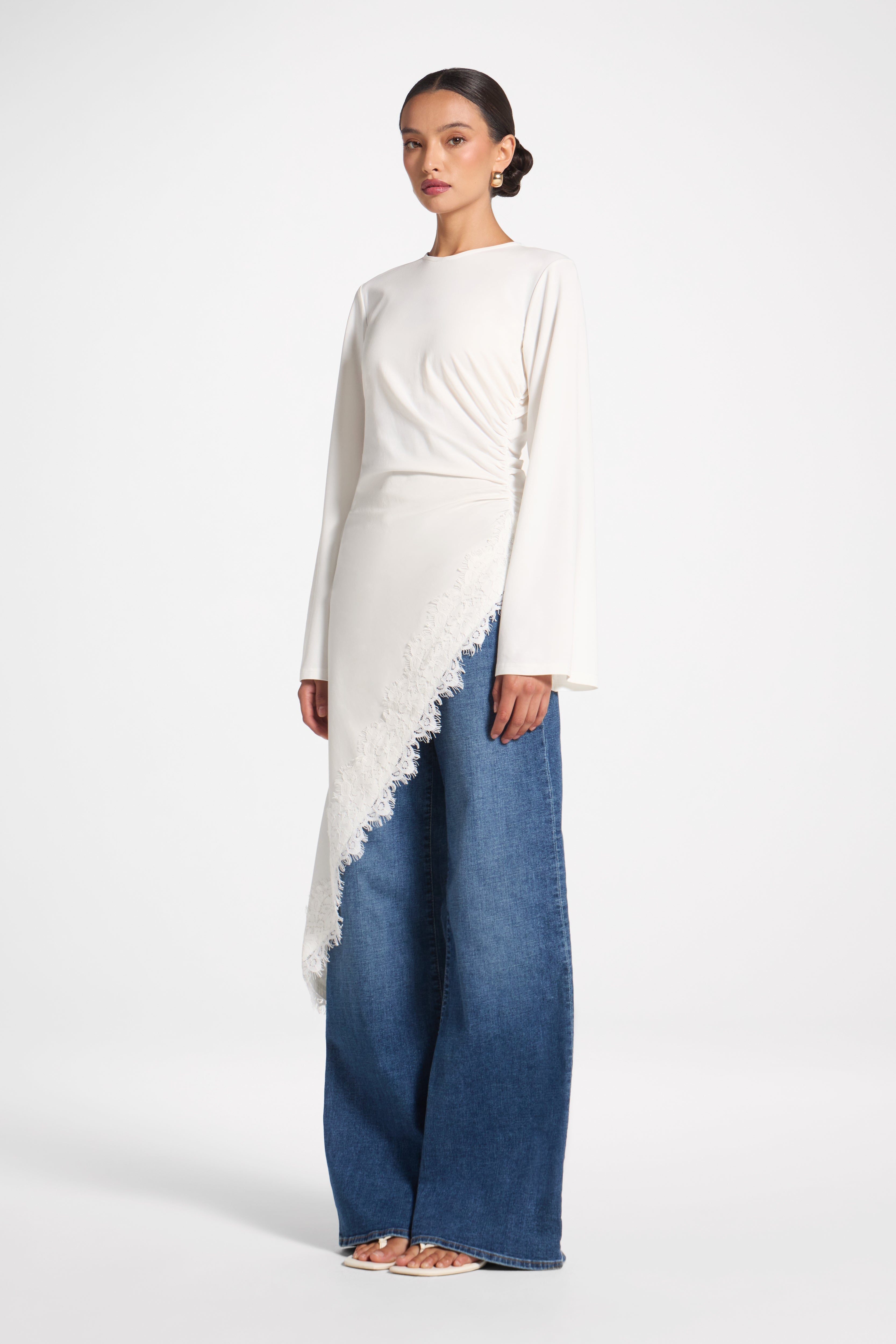 Lace Detail Midi Tunic Top - White Top Veiled 