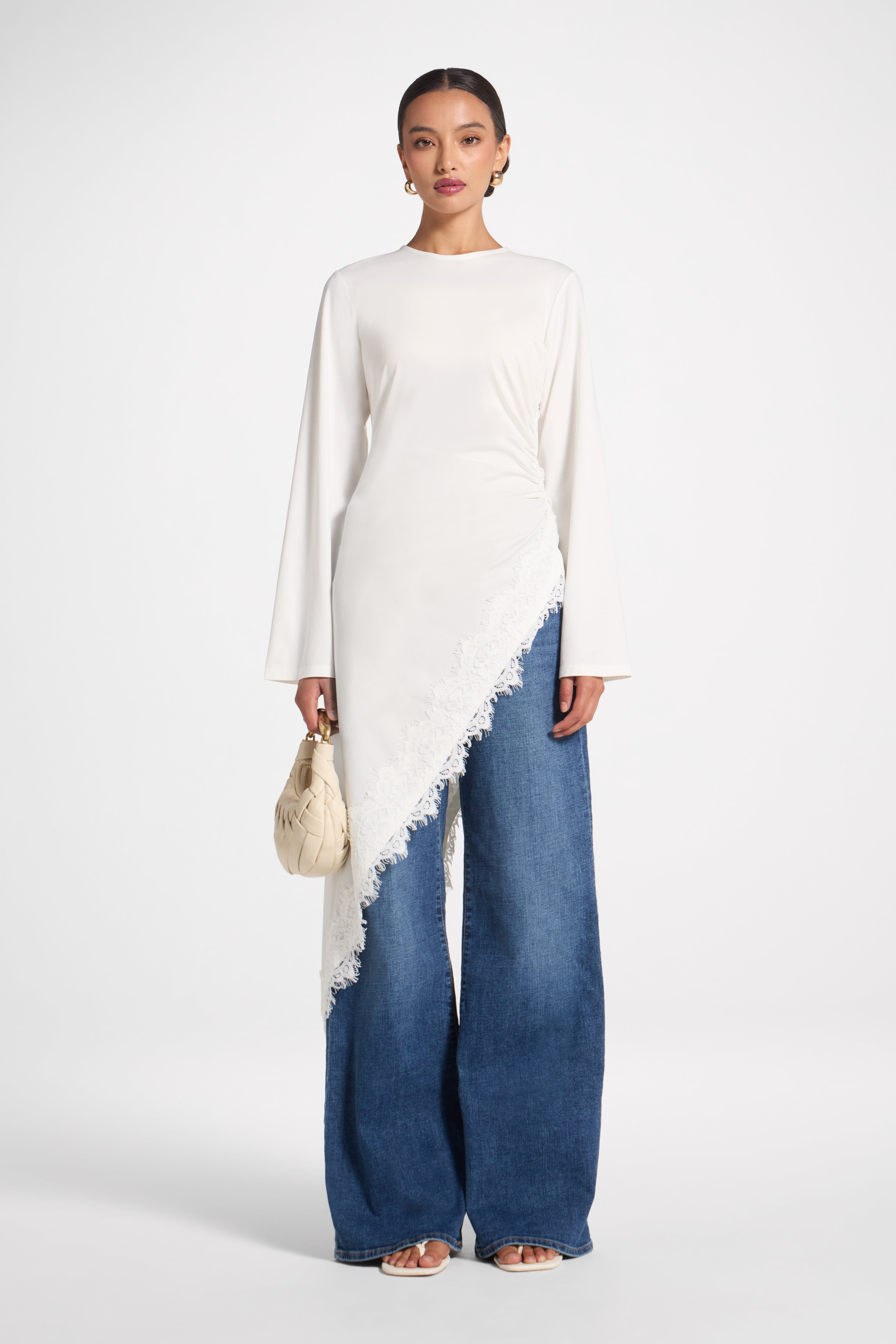 Lace Detail Midi Tunic Top - White Top Veiled 