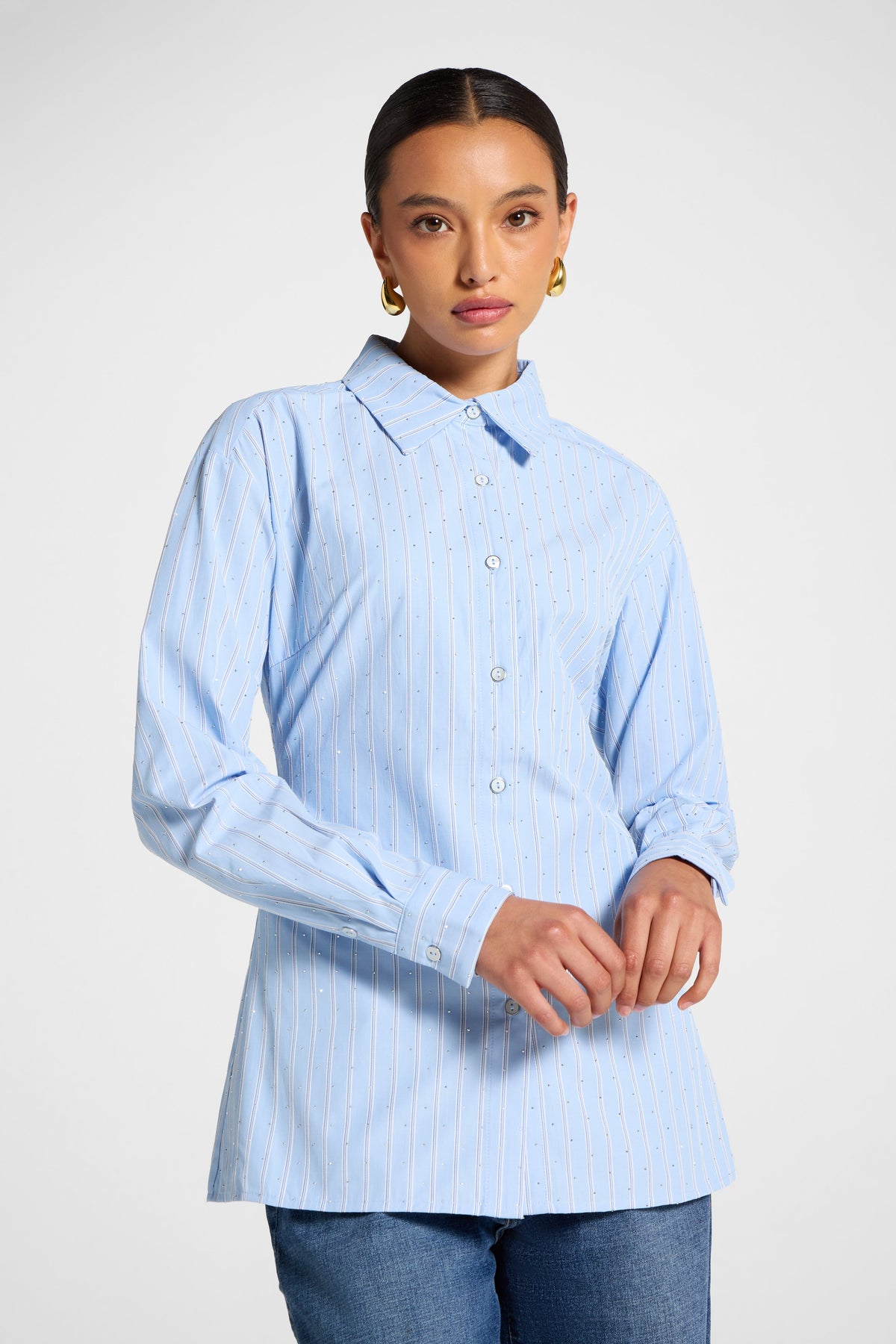 Lace Up Back Button Down - Blue Stripe Top Veiled 