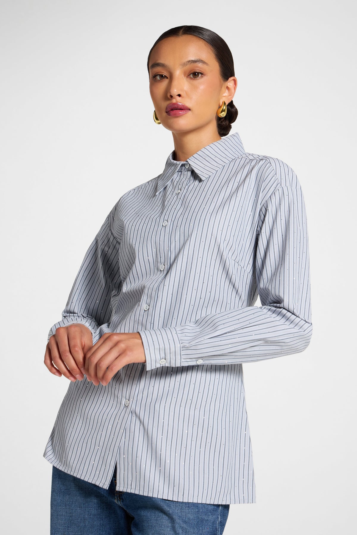 Lace Up Back Button Down - Grey Stripe Top Veiled 