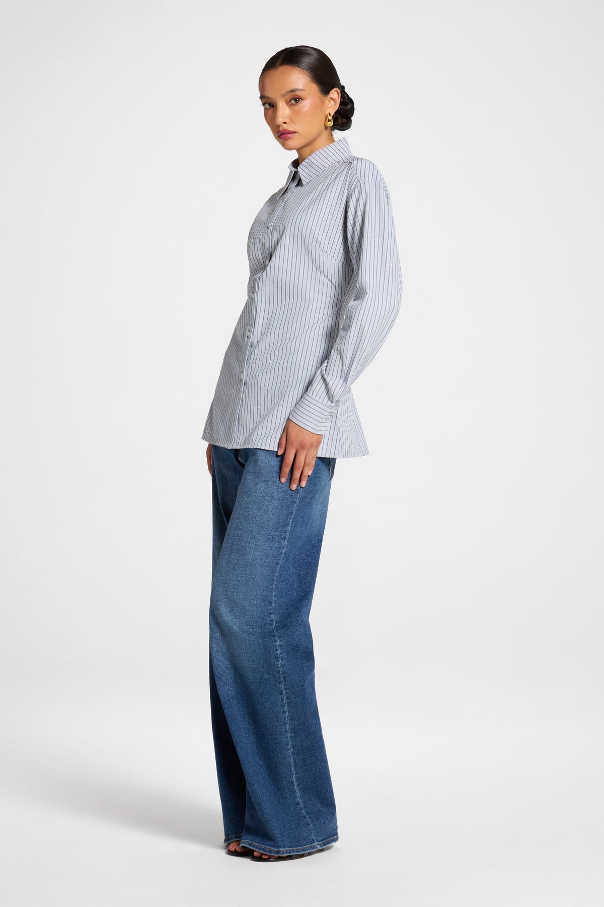 Lace Up Back Button Down - Grey Stripe Top Veiled 