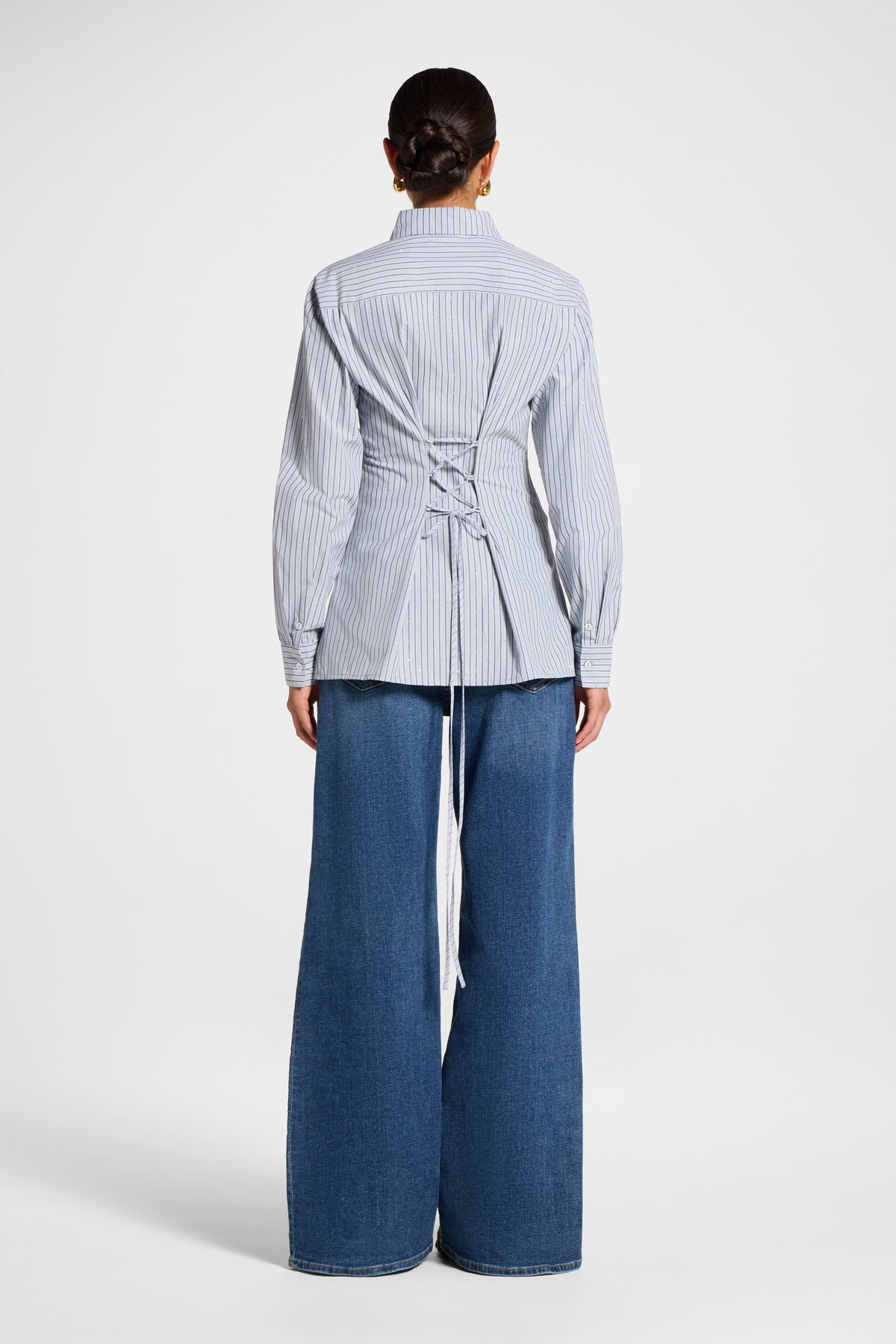 Lace Up Back Button Down - Grey Stripe Top Veiled 