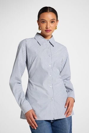 Lace Up Back Button Down Top - Grey Stripe