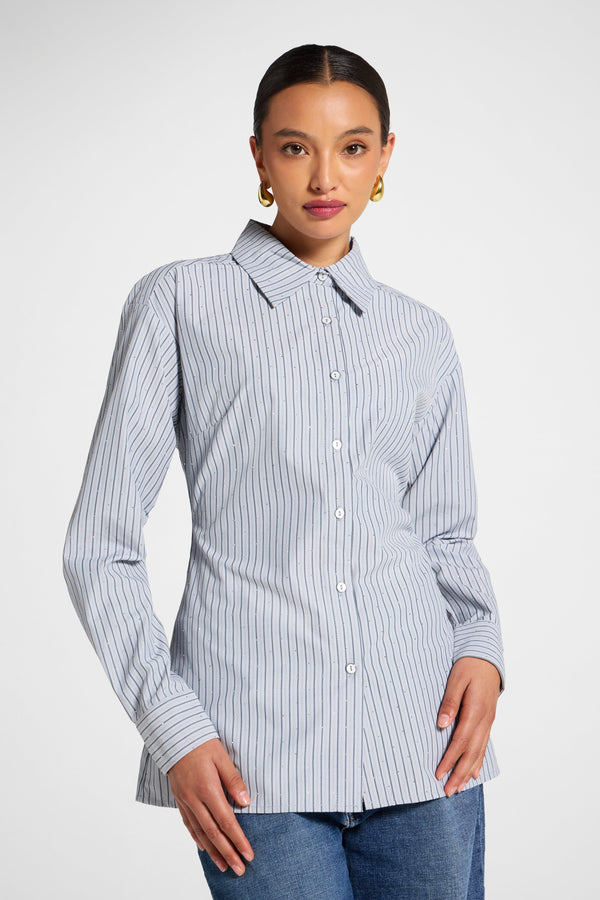 Lace Up Back Button Down - Grey Stripe Top Veiled 