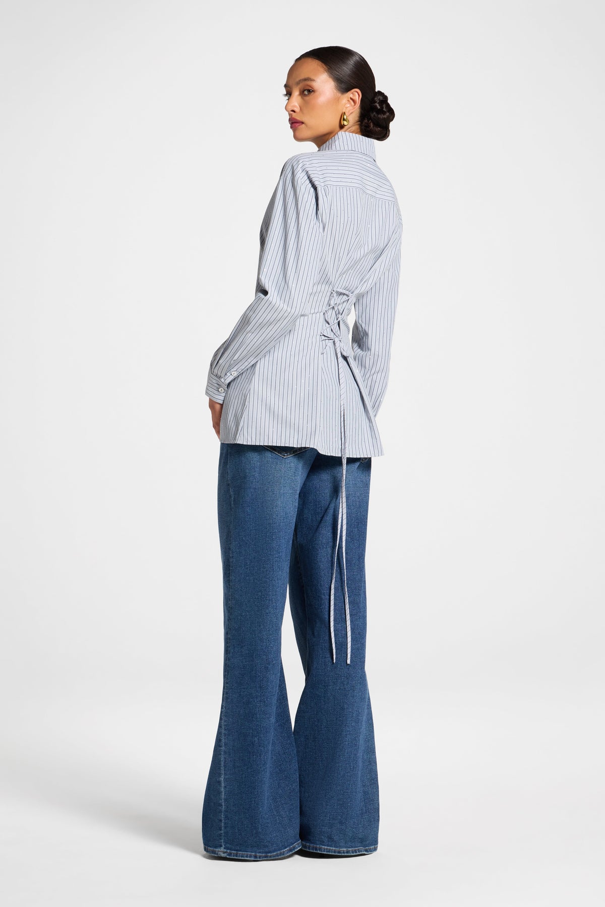 Lace Up Back Button Down - Grey Stripe Top Veiled 