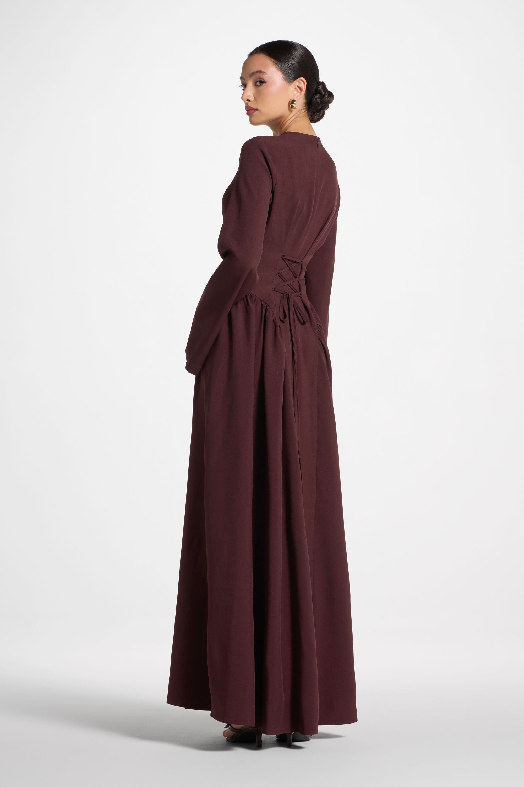 Lace Up Back Maxi Dress - Chocolate Truffle Abayas Veiled 