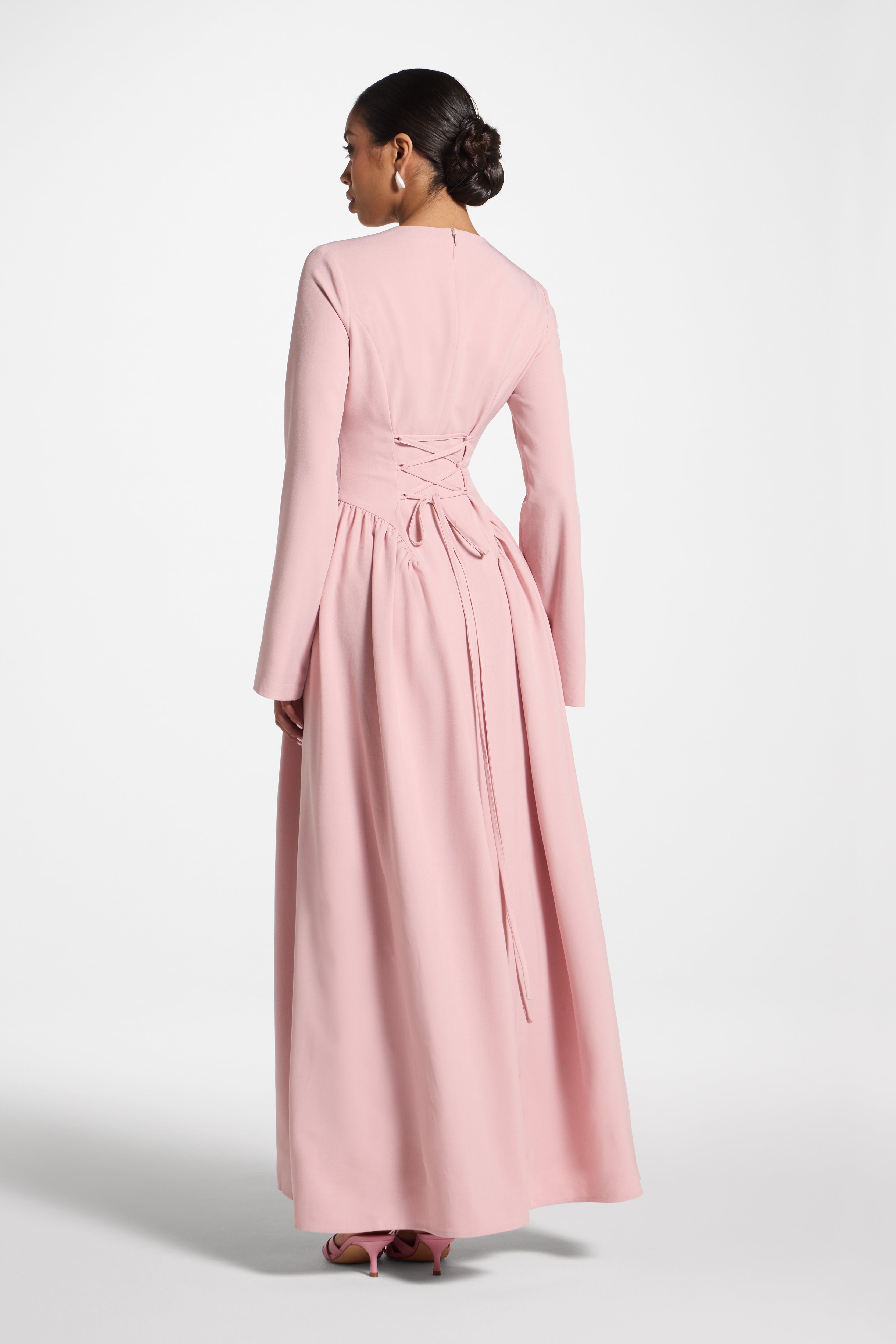 Lace Up Back Maxi Dress - Pink Dress Veiled 