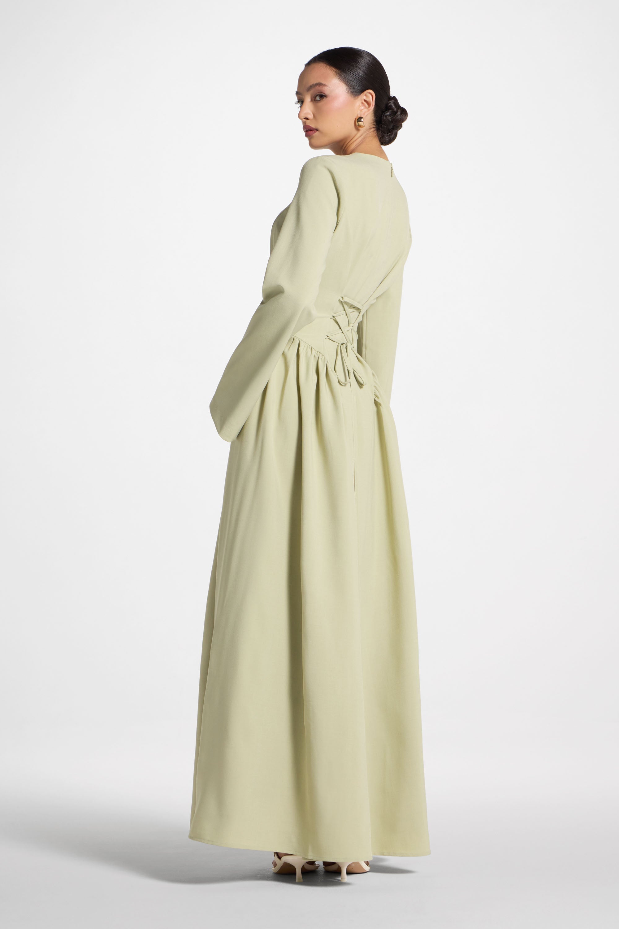 Lace Up Back Maxi Dress - Pistachio Abayas Veiled 