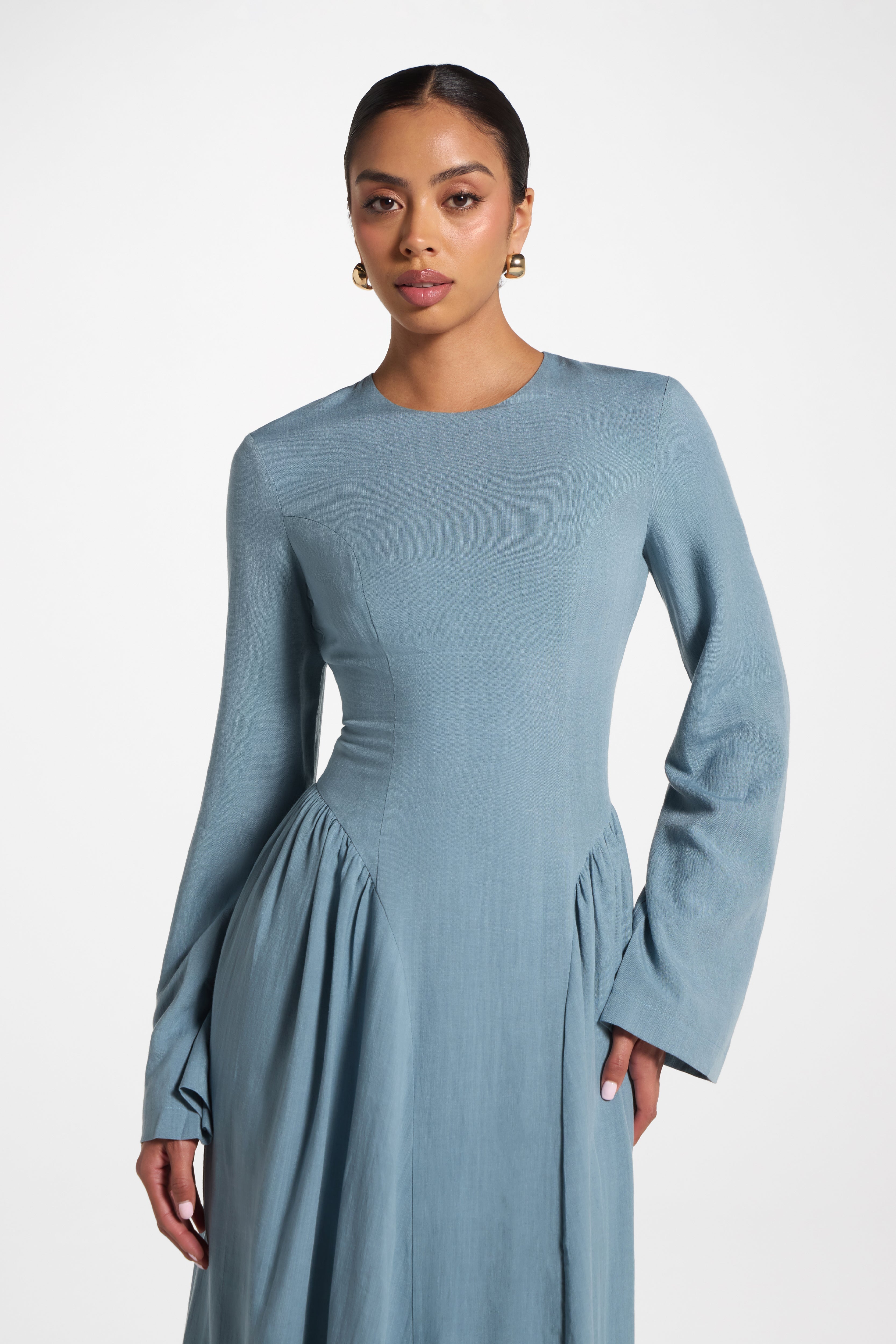 Lace Up Back Tencel Maxi Dress - Denim Dress Veiled 