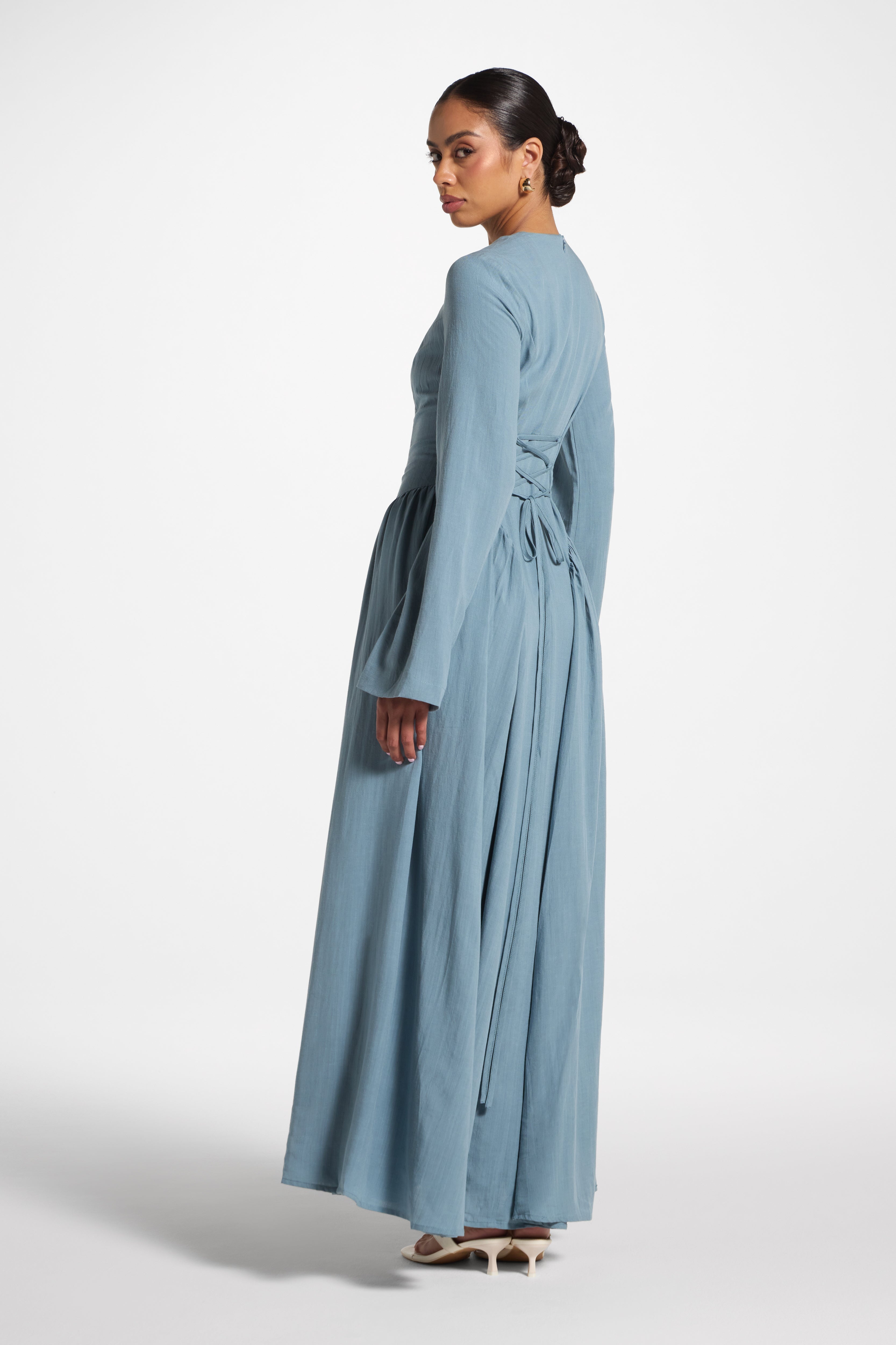 Lace Up Back Tencel Maxi Dress - Denim Dress Veiled 
