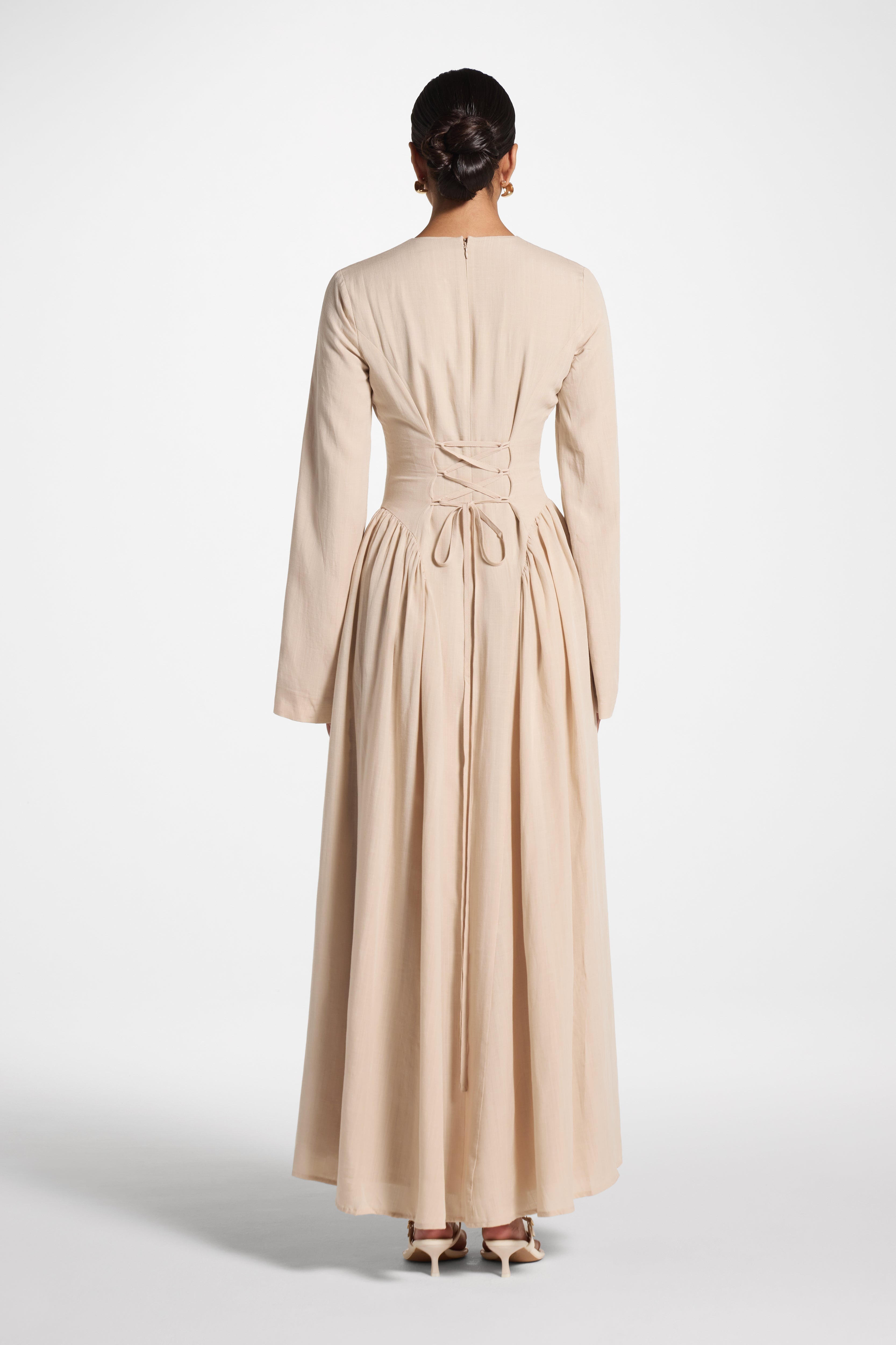 Lace Up Back Tencel Maxi Dress - Sand Dress Veiled 