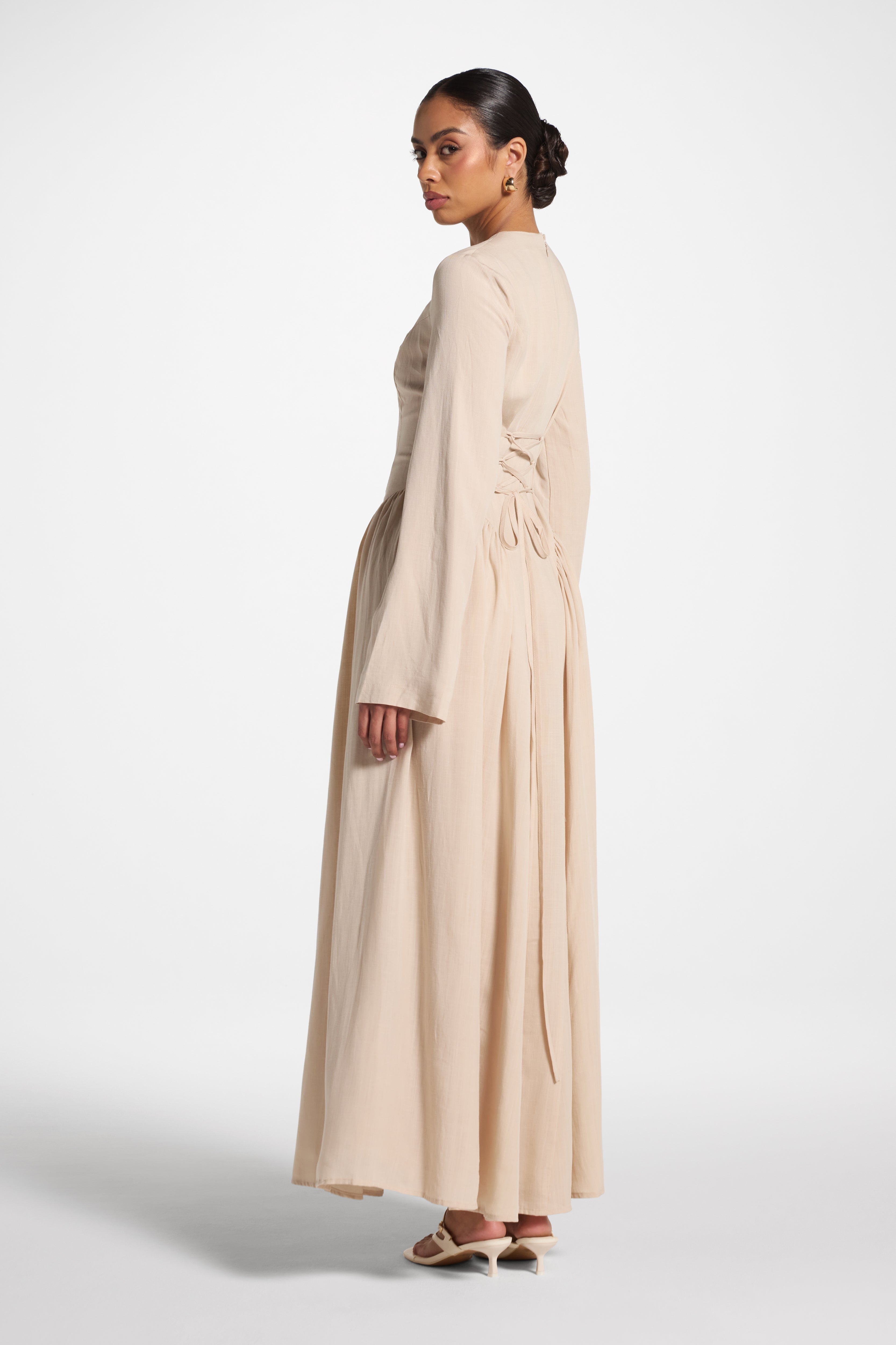 Lace Up Back Tencel Maxi Dress - Sand Dress Veiled 