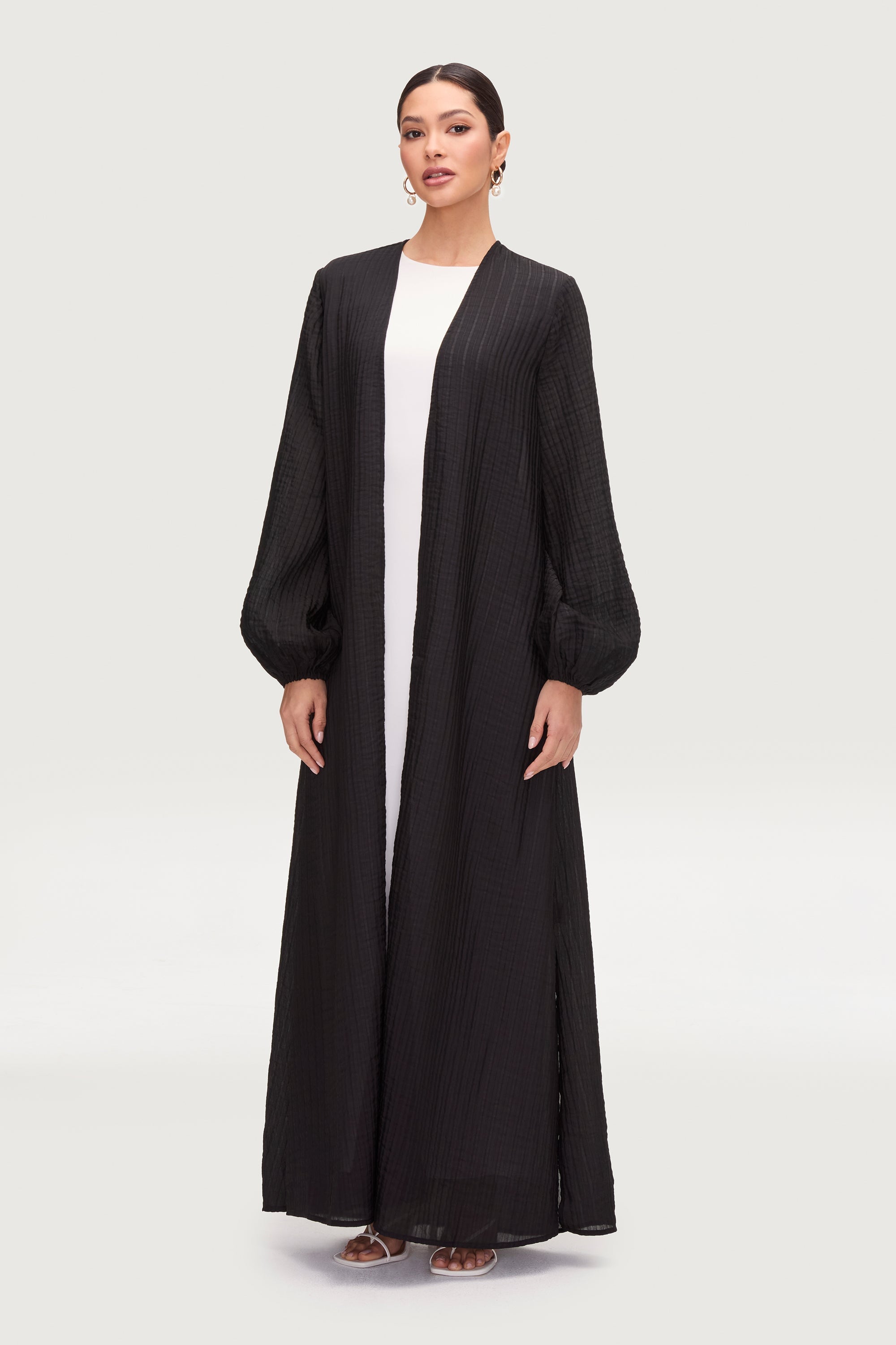 Lamya Balloon Sleeve Open Abaya - Black Abayas Veiled 