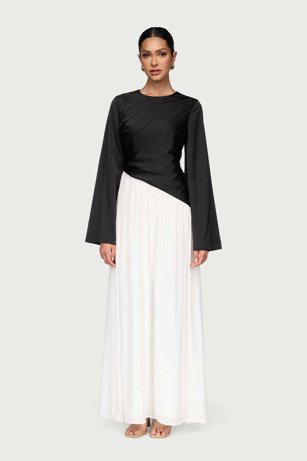 Layal Rouched Contrast Asymmetrical Maxi Dress - Black Dresses Veiled 