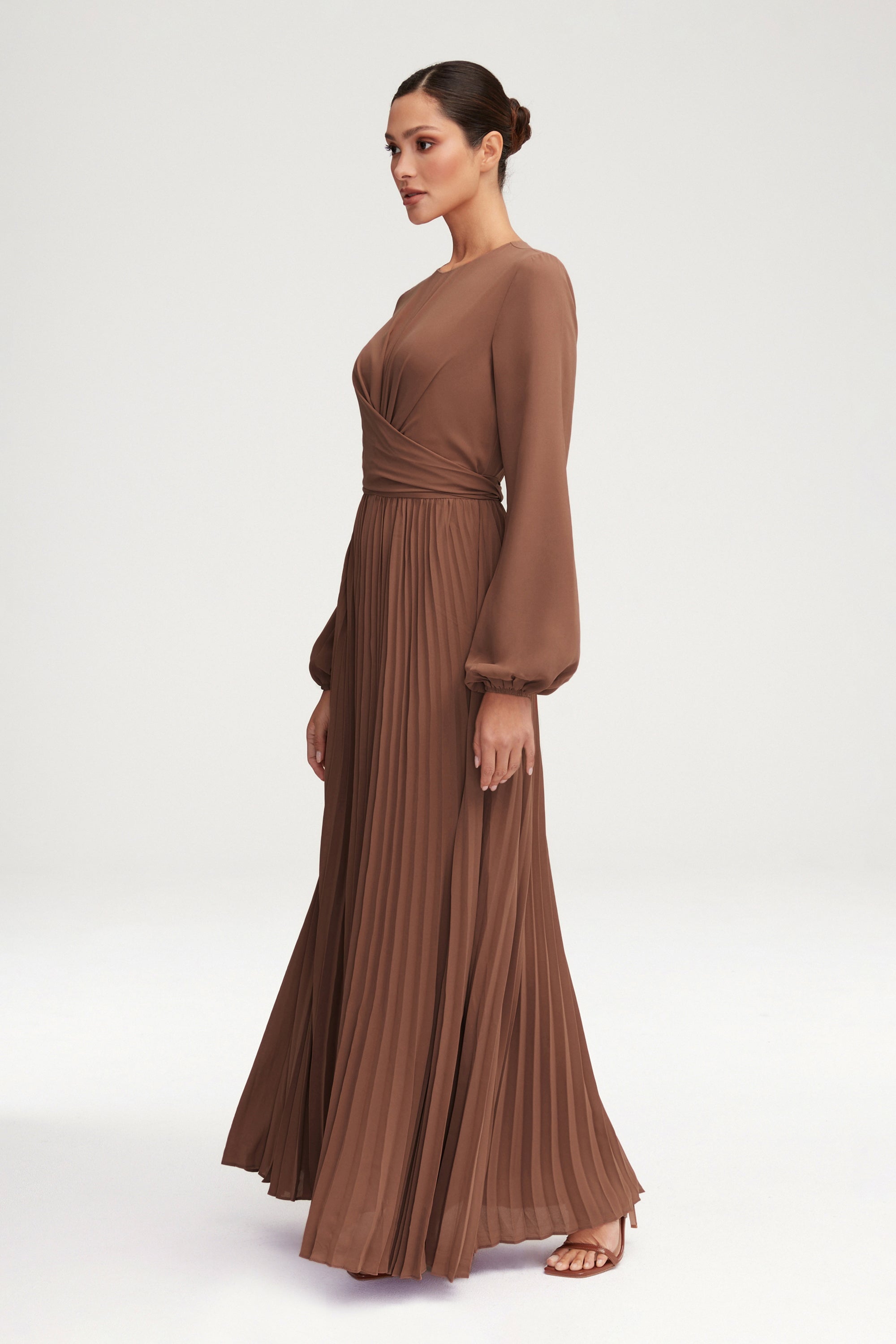 Layana Pleated Wrap Waist Maxi Dress - Pecan Clothing Veiled 