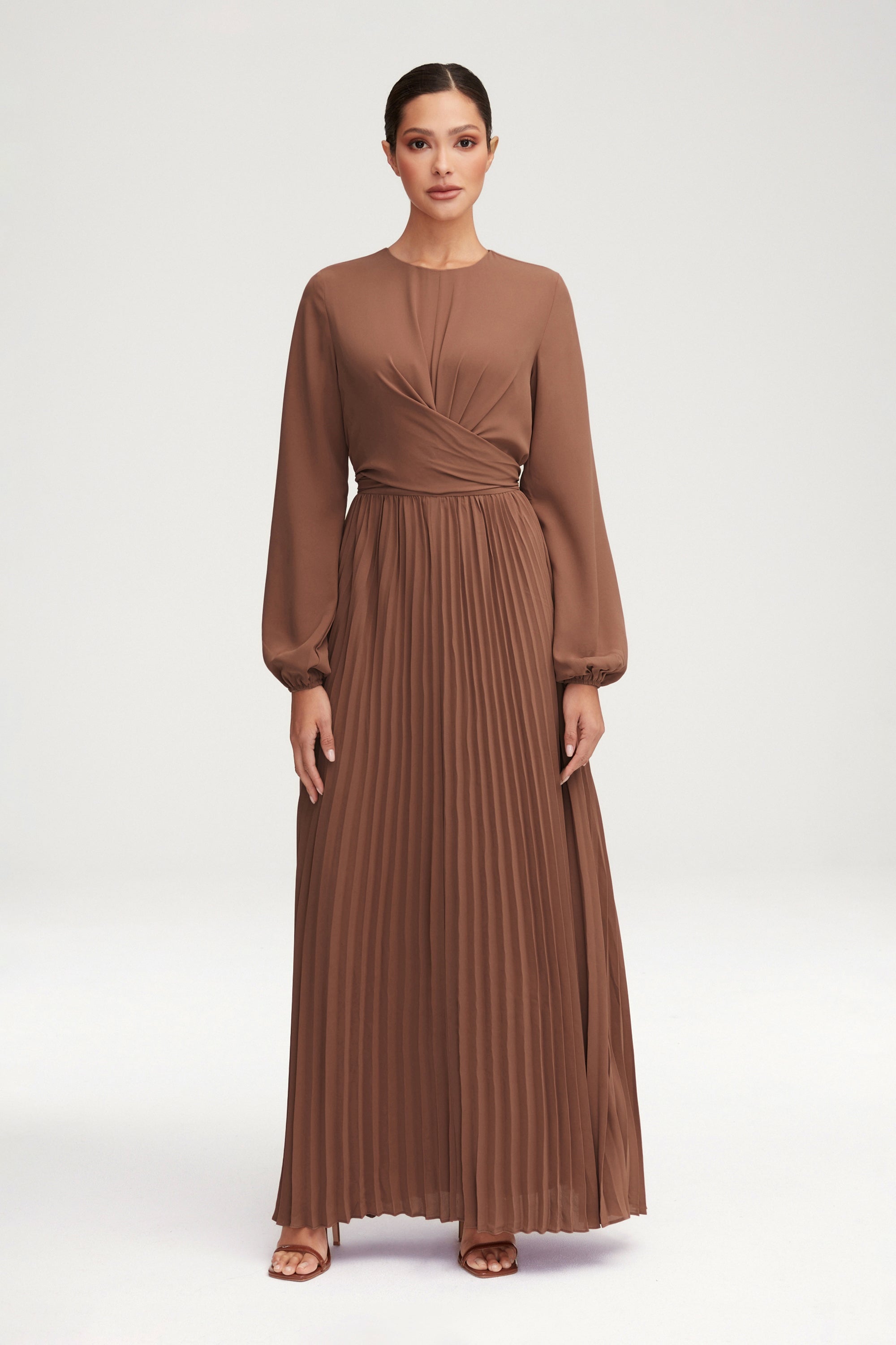 Layana Pleated Wrap Waist Maxi Dress - Pecan Clothing Veiled 