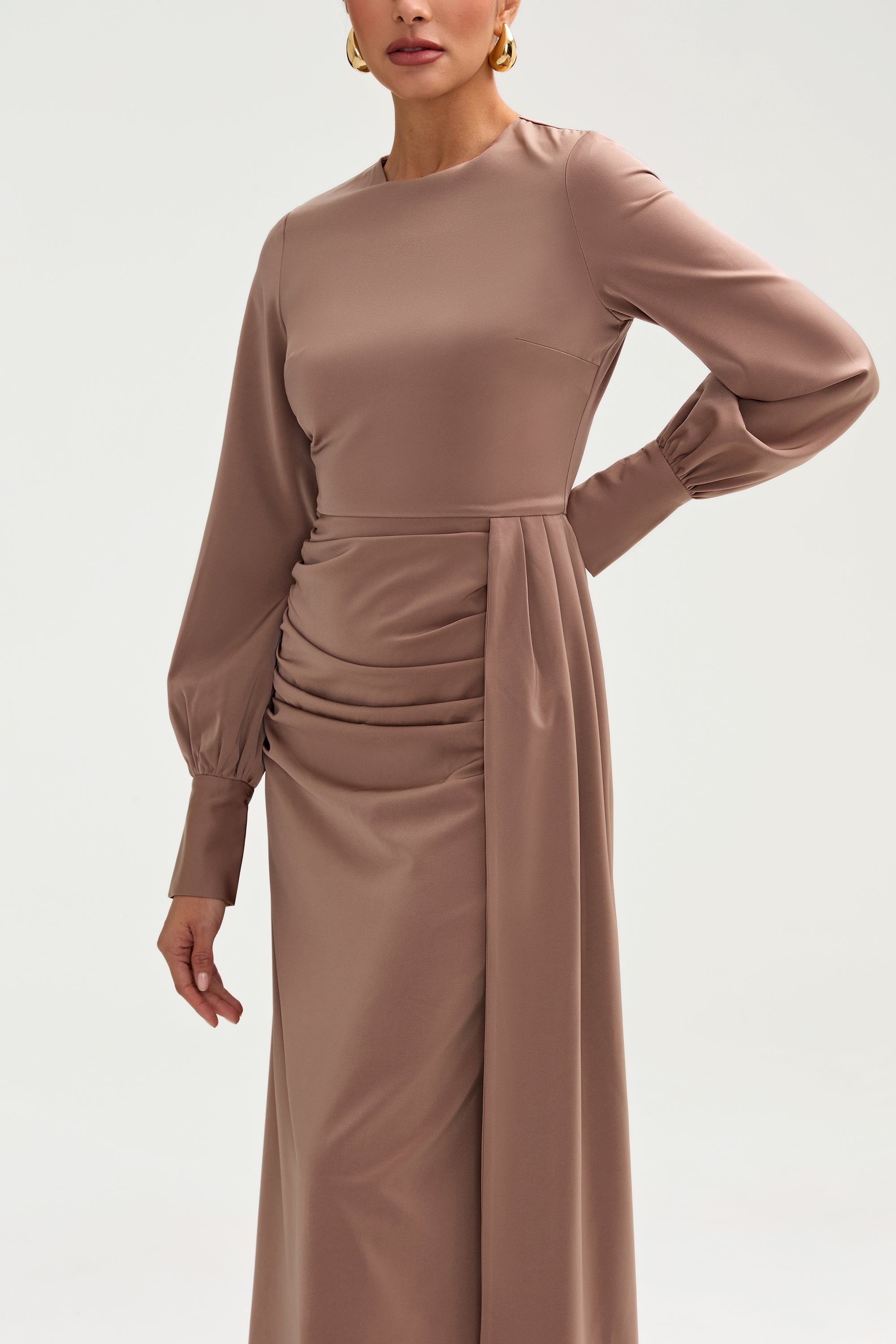 Laylani Satin Rouched Maxi Dress - Taupe Clothing saigonodysseyhotel 