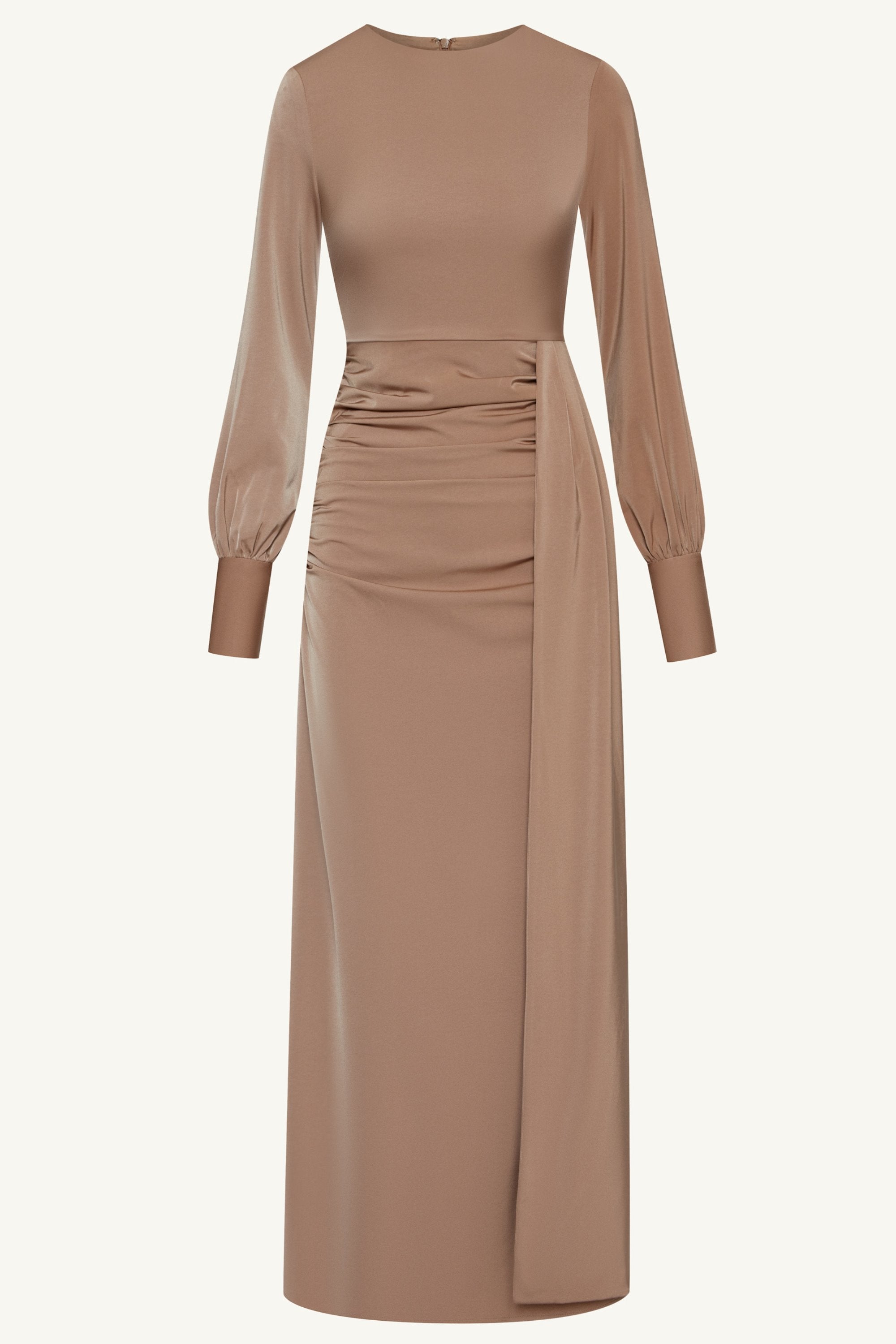 Laylani Satin Rouched Maxi Dress - Taupe Clothing Veiled 