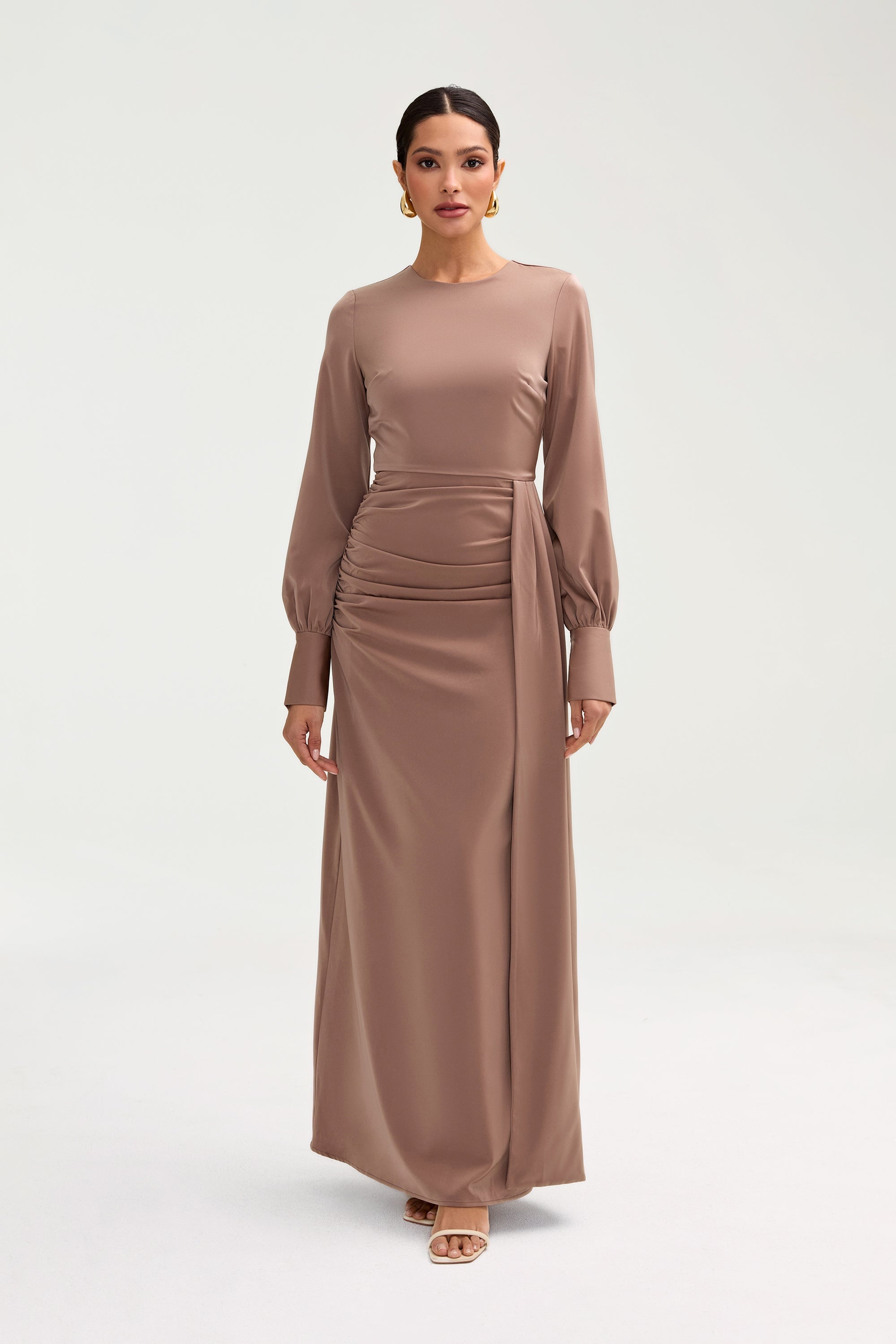 Laylani Satin Rouched Maxi Dress - Taupe Clothing saigonodysseyhotel 