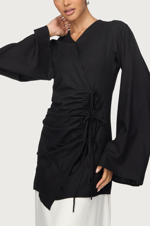 Linen Asymmetric Tie Top - Black Abayas Veiled 