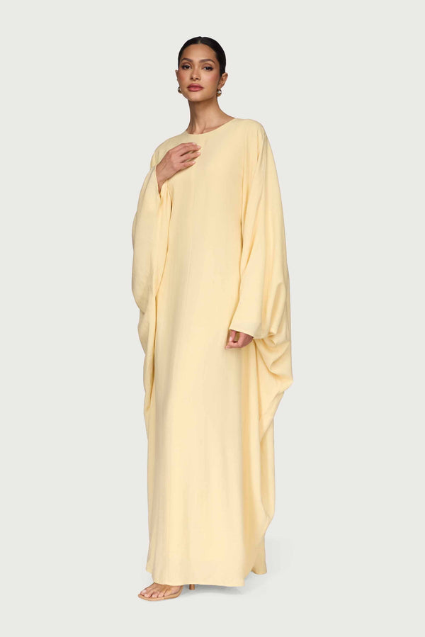 Linen Blend Butterfly Inner Tie Maxi Dress - Butter Yellow Abayas Veiled 